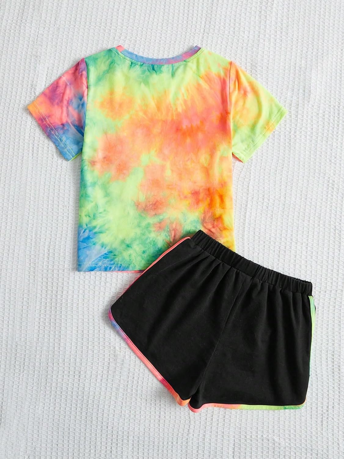 Girl's 2 Piece Tie Dye Heart Print Round Neck Short Sleeve Tee Top and Track Shorts Sets Casual T Shirt Tracksuit - Image 2