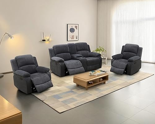 Miniatura 26 de Juego de sofá reclinable para sala de estar, juego de muebles de sala de estar, 2 piezas, sofá de tela de pana y juego reclinable con mesa gris