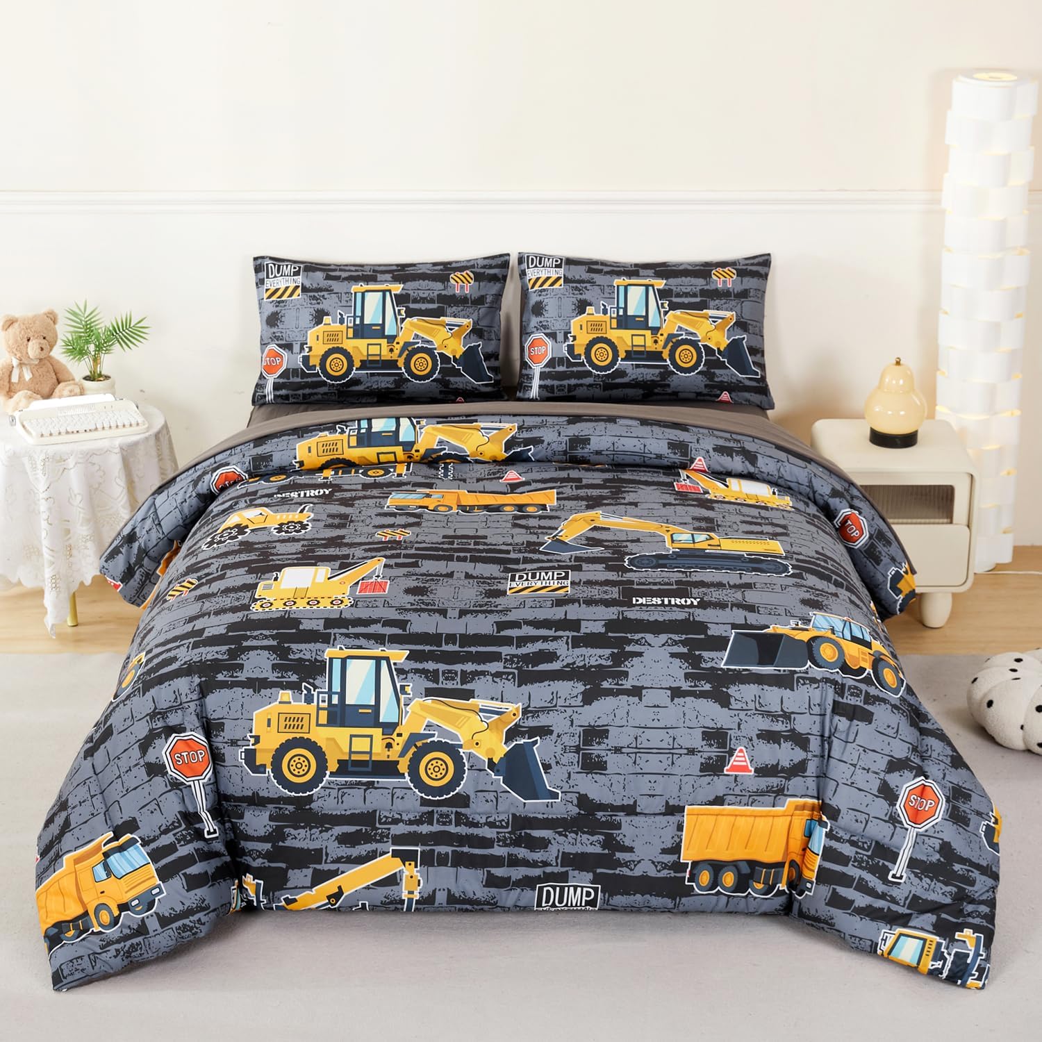 ANGIYUIN Twin Boys Comforter Set 5 Pcs Gray Construction Bed in A Bag for Kids Teens Excavator Trucks Bed Sets Tractor Cars Bedding Comforter Sets with Sheets