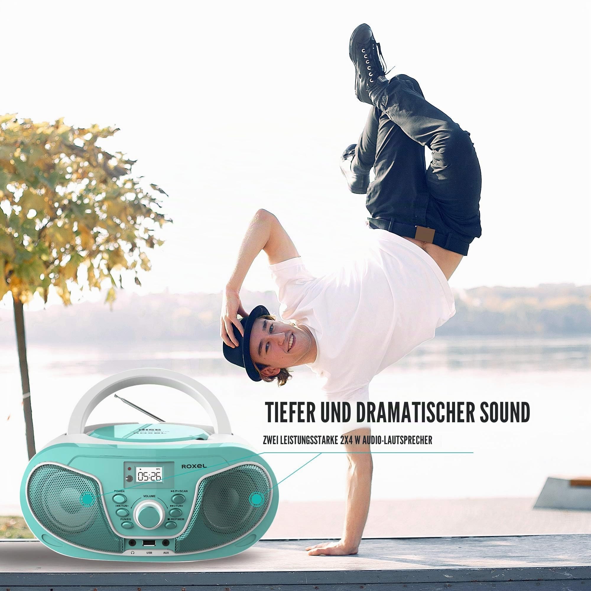 Roxel RCD-S70BT Tragbarer Boombox CD-Player mit Bluetooth, Fernbedienung, FM-Radio, USB-MP3-Wiedergabe, 3,5 mm AUX-Eingang, Kopfhöreranschluss, LED-Display (Blaugrün)