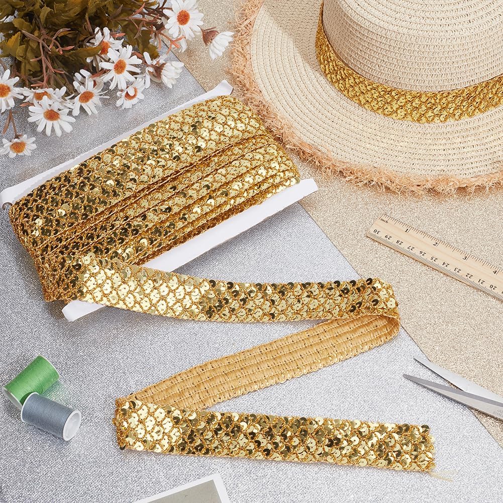 WADORN 13.1 Yards Gold Sequins Trim, 1-3/8 inch Bling Fabric Paillette Lace Trim Metallic Sequins Ribbon Trims Stretch Lace Trims for Christmas Home Party Decorations Dress Clothes Embellish