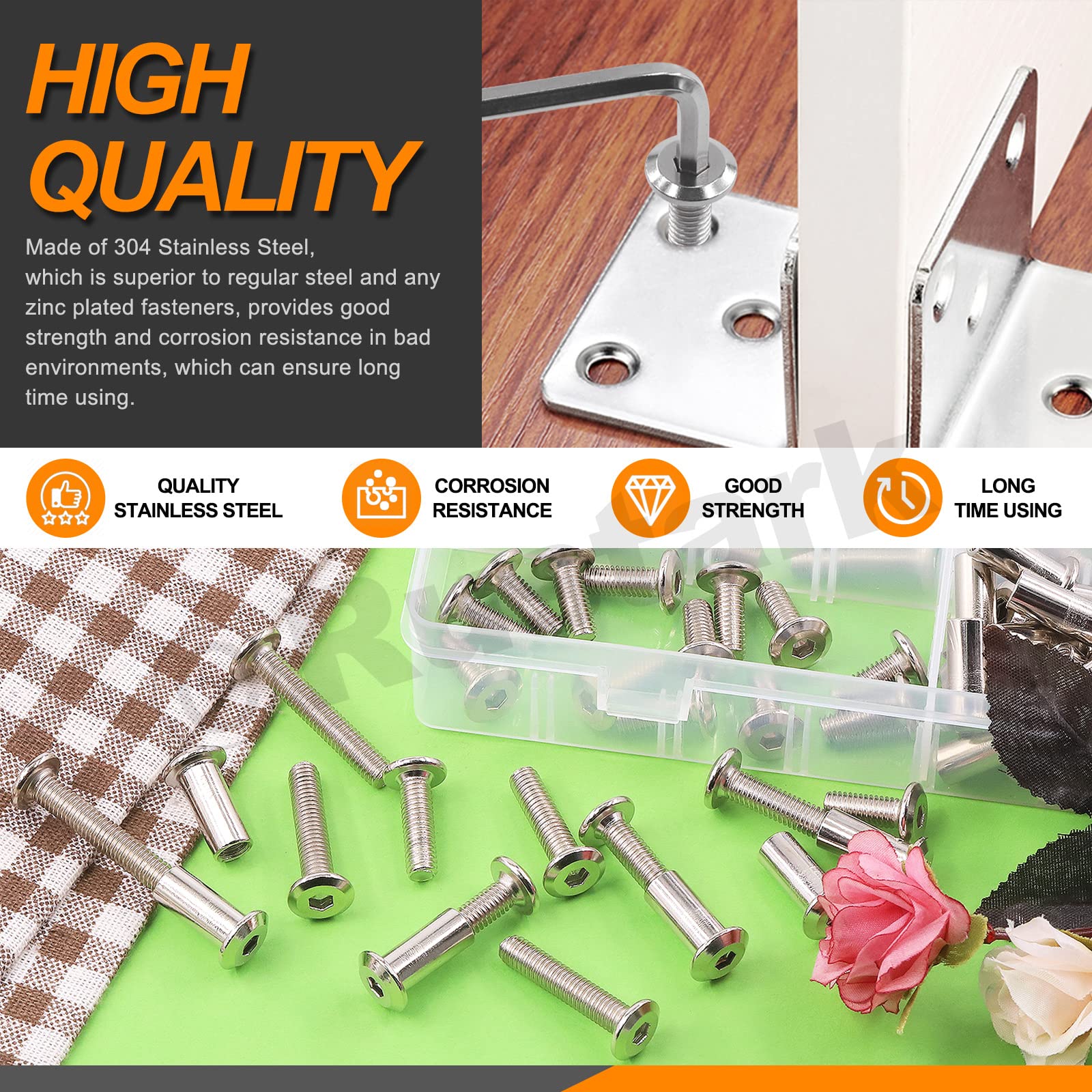 Rustark 121Pcs M6 x 16mm/20mm/25mm/30mm/35mm Furniture Joint Connector Bolt & Cap Nut Assortment Kit Flat Hex Socket Cap Allen Bolts Screw Posts for Furniture Chair Crib Belt Leather Binding - Image 3