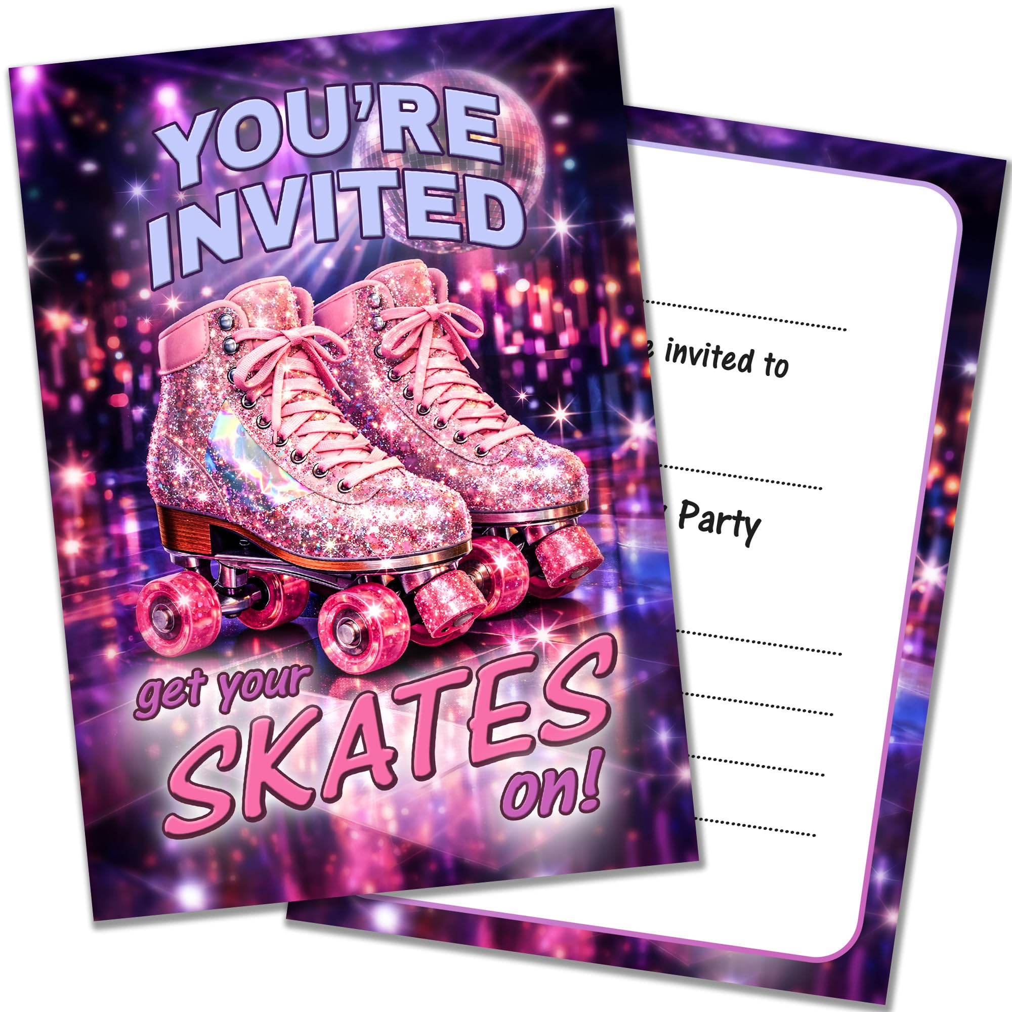 20 x Roller Skating Birthday Party Invitations with Envelopes Pink Disco Rollerskates Design Double Sided Cards Designed and Printed in the UK