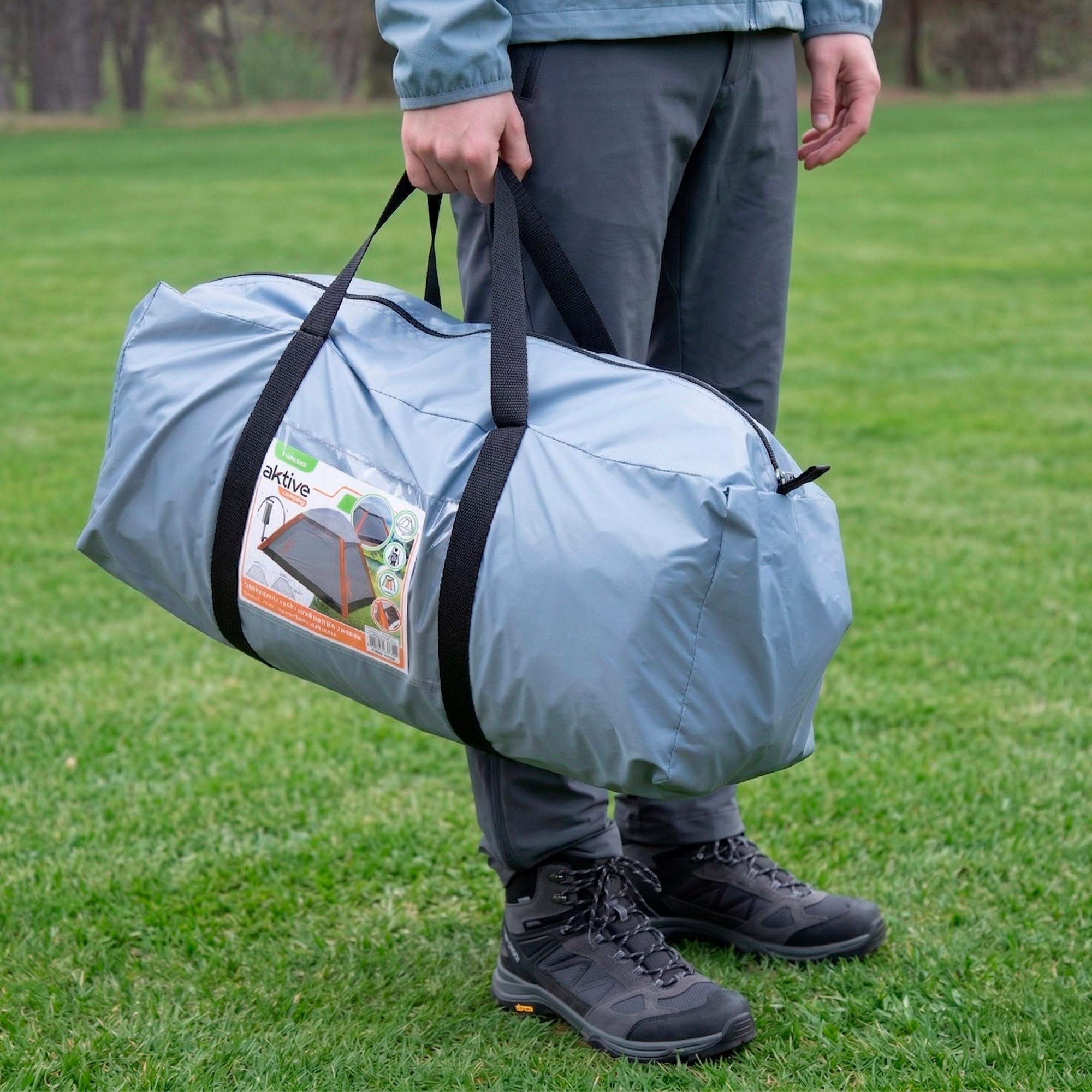 AKTIVE Tente de Camping pour 2 Personnes, Protection UV50, moustiquaires, Tissu Polyester, tiges gonflables, 8 piquets, avec gonfleur, Sac de Transport (63185) Gris 210 x 210 x 135 cm