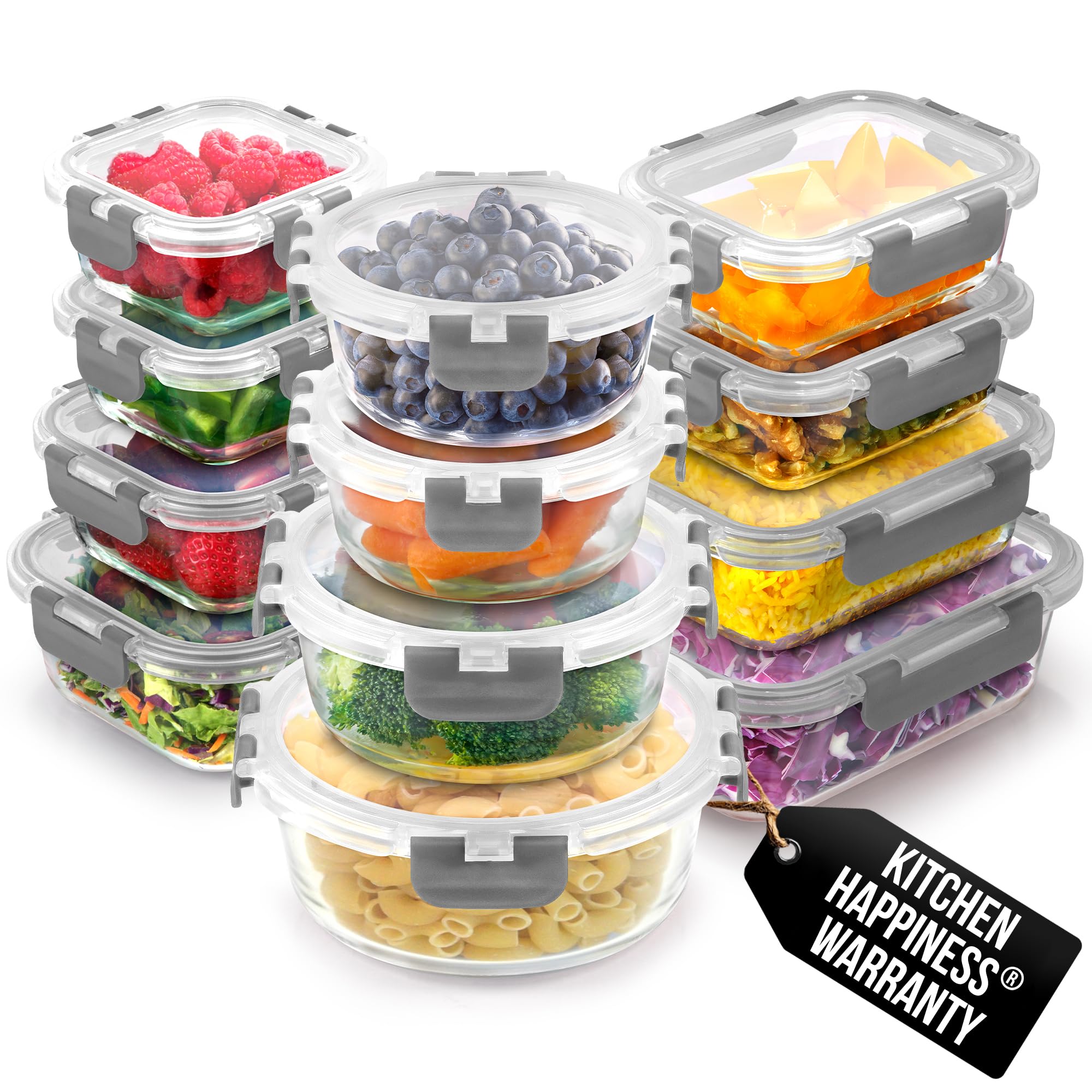 Zulay Kitchen Grey Glass Containers With Lids 12-Pack, Freezer Safe Food Glass Tupperware Set - Meal Prep Containers Set With Lids - Borosilicate Lunch Containers, Microwave & Oven Safe