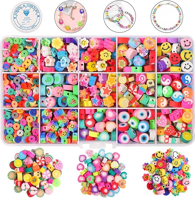840PCS Beads for Jewelry Bracelet Making Kit 12 Styles Polymer Clay Beads Making Kit, Fruit Smiley Flat Beads, DIY Making Kit for Bracelet Necklace Earring with 8m Crystal Elastic String Kids Adult
