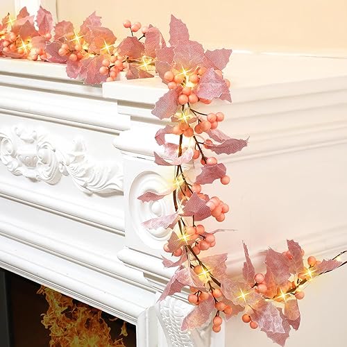 Syhood Guirnalda de bayas de Navidad de 6 pies, guirnalda de hojas de acebo iluminada para interiores, guirnalda artificial de otoño, decoración de