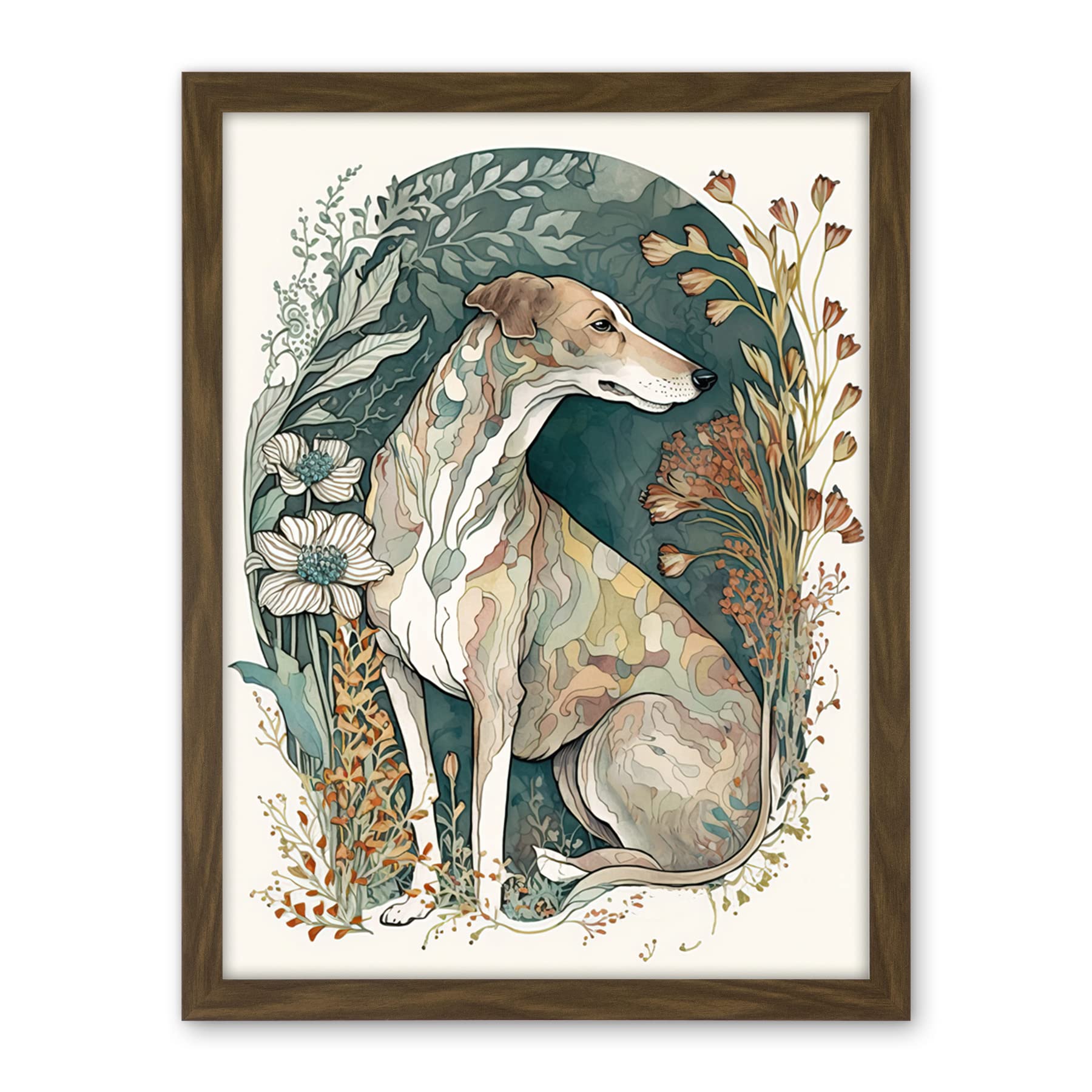 Artery8 Greyhound Dog in Flower Field Modern Pastel Boho Watercolour Illustration Artwork Framed Wall Art Print 18X24 Inch
