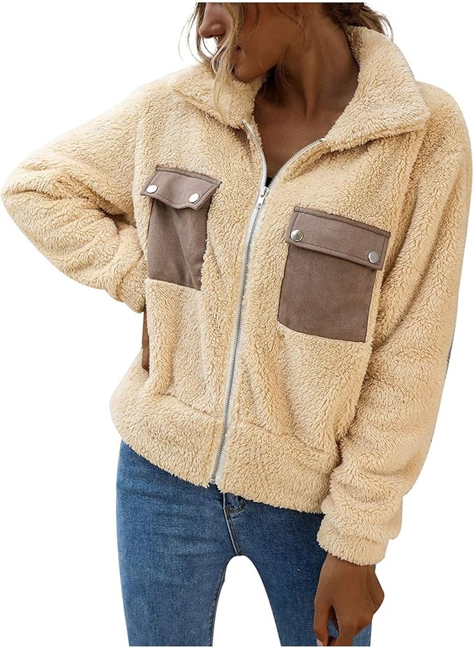 Armfer Sherpa Jacket Women Full Zip Long Sleeve Lapel Fleece Parka Coats Short Faux Fur Coat 