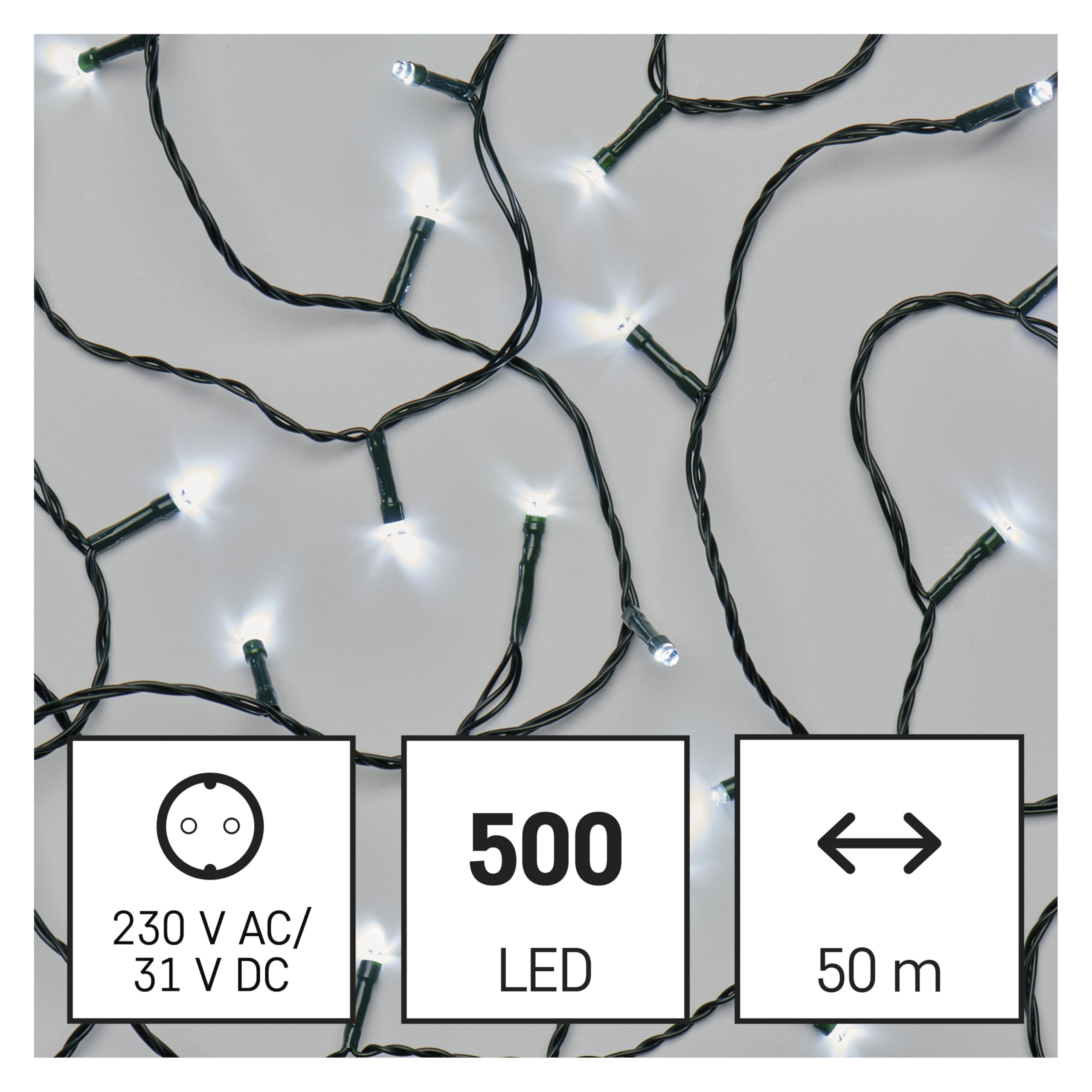 EMOS LED-Lichterkette kaltweiß für Innen und Außen, 50m lange IP44 Weihnachtslichterkette mit 500 LEDs + 5m Zuleitung und Netzteil, 8 Modi und 6h Timer Funktion, für Party, Weihnachten, Deko