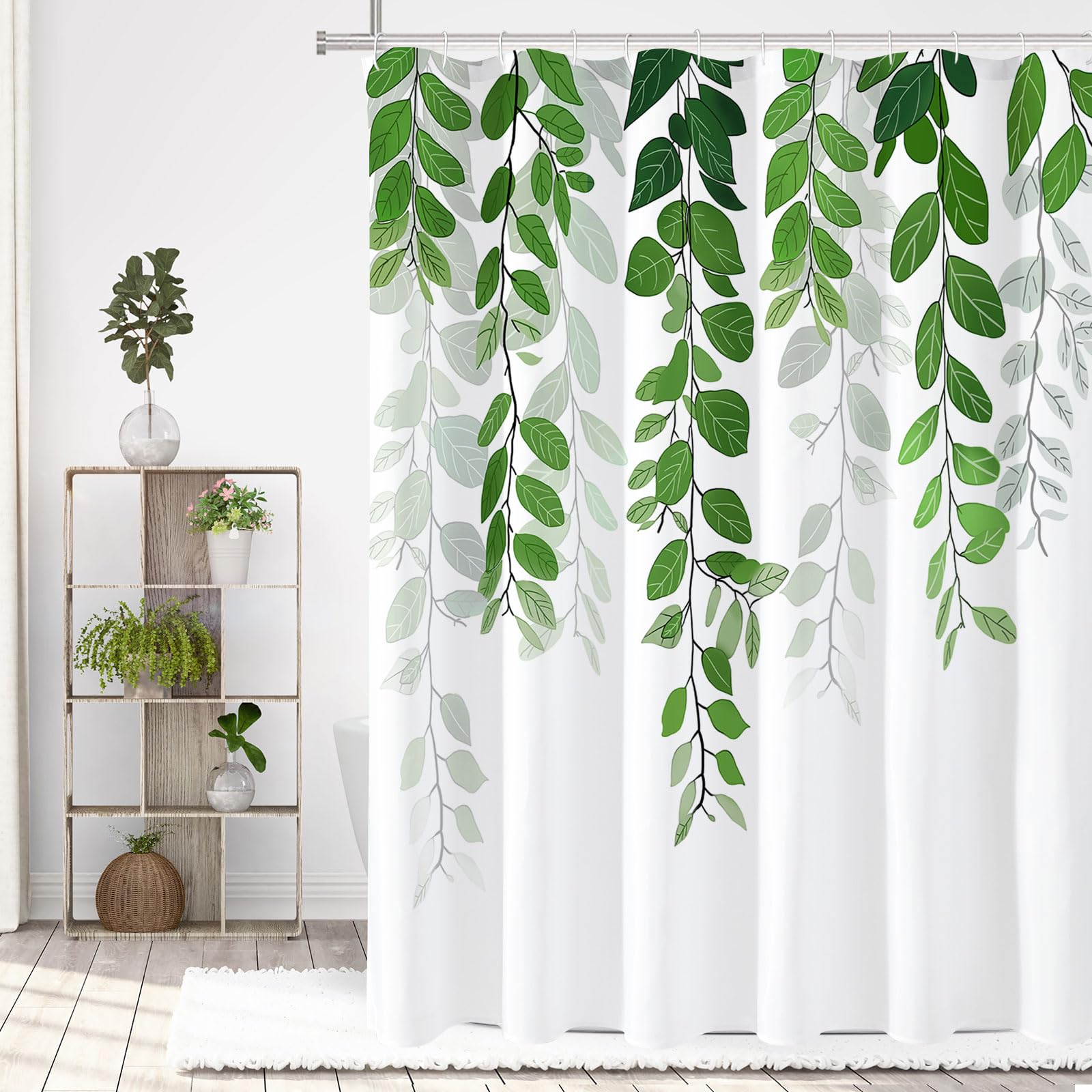 Gibelle Green Eucalyptus Shower Curtain for Bathroom, Watercolor Leaves on The Top Plant Shower Curtain Floral Botanical Decorative Fabric Shower Curtain Set with Hooks 72x72 Inch