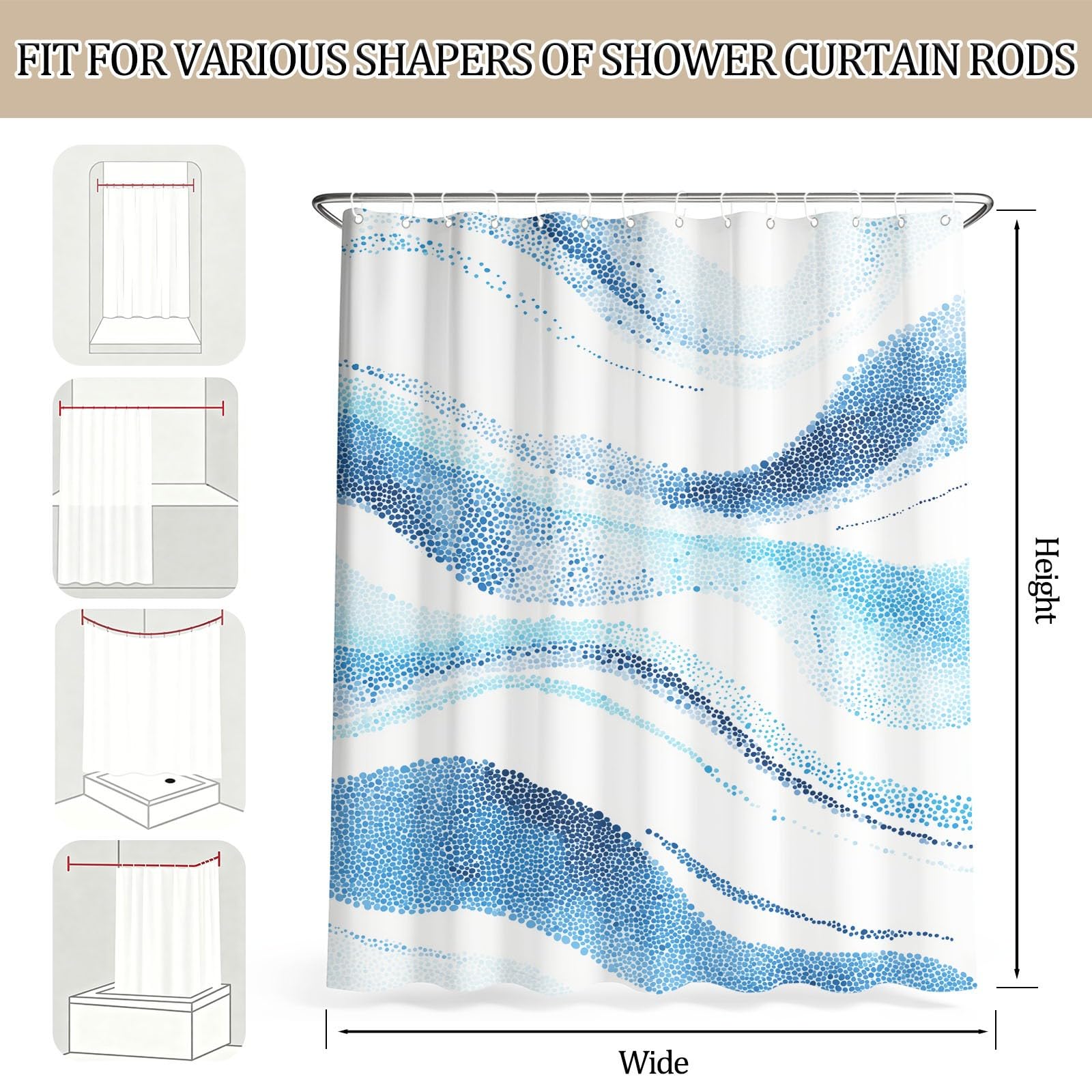Rideau de Douche Moderne Minimaliste en Polyester imperméable et Lavable avec Crochets, 240 x 200 cm, Rideau de Salle de Bain Abstrait Frais Été Pois Fluide Vagues pour Salle de Bain