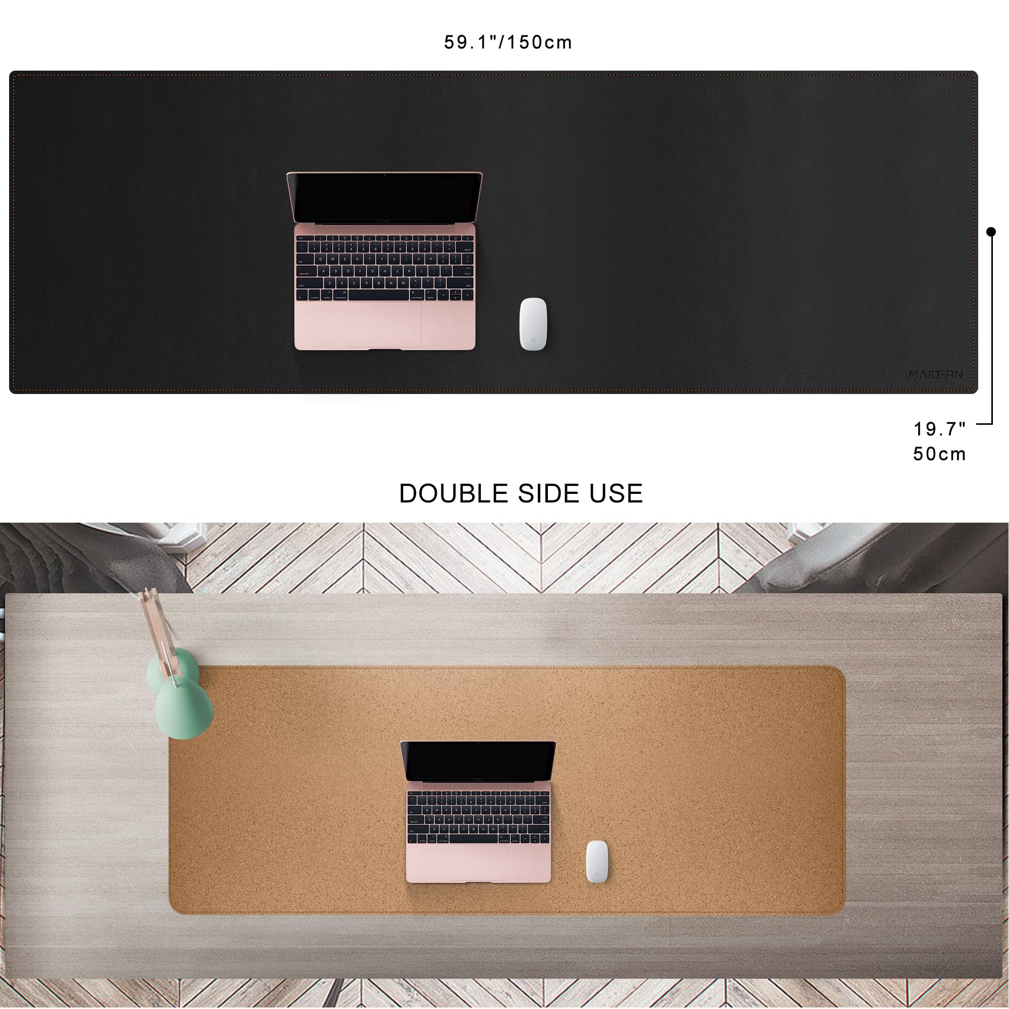 MAIDERN Tappetino da scrivania, 150 x 50cm tappetino per mouse bifacciale in sughero e pelle PU, tappetino da scrivania morbido e impermeabile per ufficio/casa(Nero)