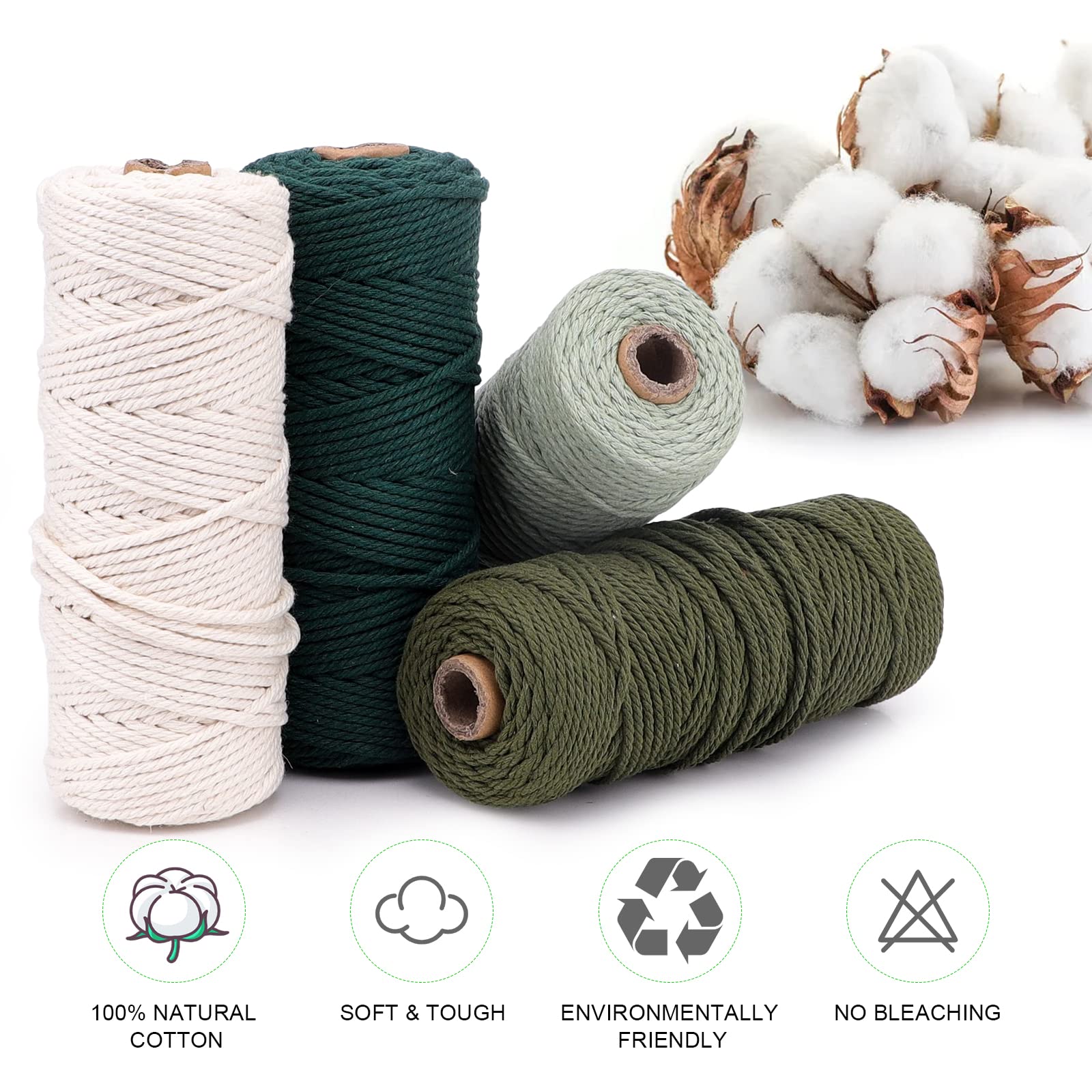 Yuragim Juego De 4 Hilos De Macramé De 3mmx50m, Gradiente De Color Verde Macramé, Hilo De Algodón Natural, Juego Para Principiantes Para Manualidades, Boho Decoración, Bodas, Tapices De Pared