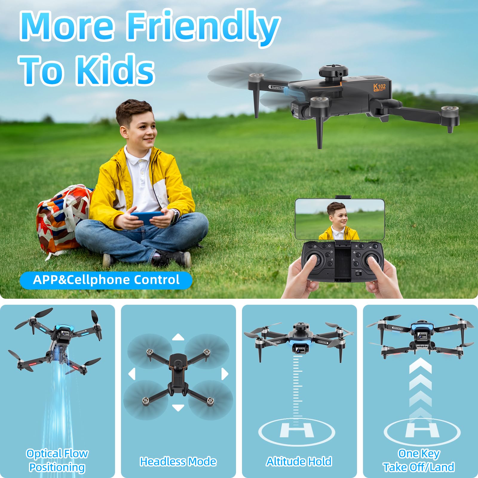 Drone Con 720P Telecamera per Bambini Motore Brushless,Drone per Bambini Principianti, Posizionamento del Flusso Ottico,Evitamento Degli Ostacoli,Modalità Senza Testa,2 Batterie