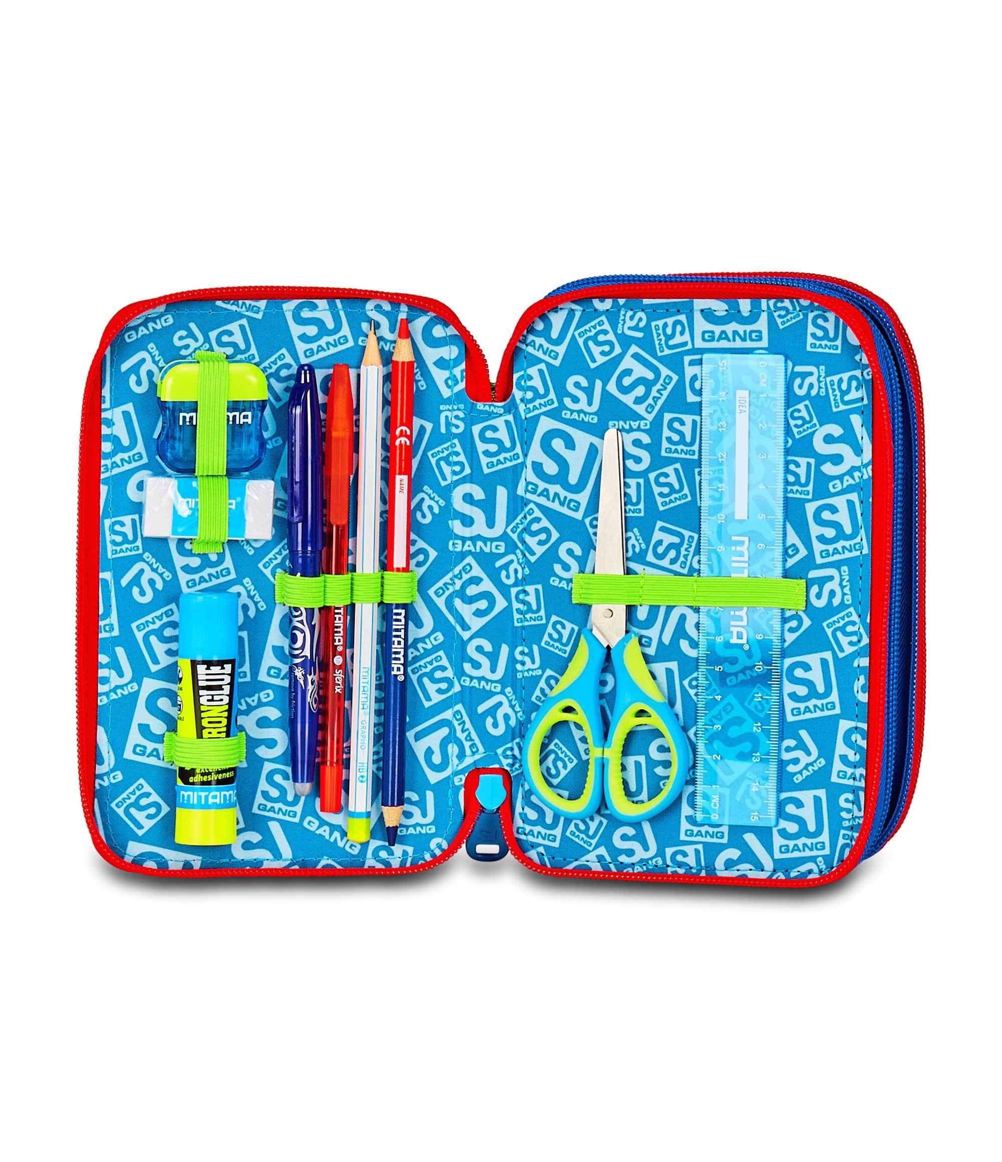 SJ GANG STYLE JAM GANG Astuccio Scuola 3 Zip,Blu, Portapenne Triplo Scomparto Completo Di Penne, Matite, Colori, Accessori Zaino, Scuola Elementare, Bambino