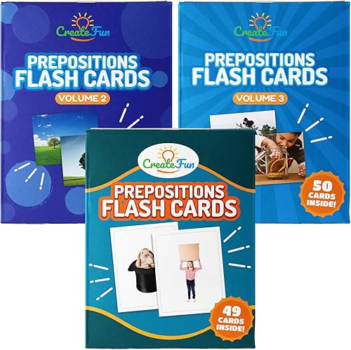 CreateFun Paquete de tarjetas flash Prepositions Vol 1, 2 y 3-150 tarjetas educativas con juegos de aprendizaje, para materiales de terapia del