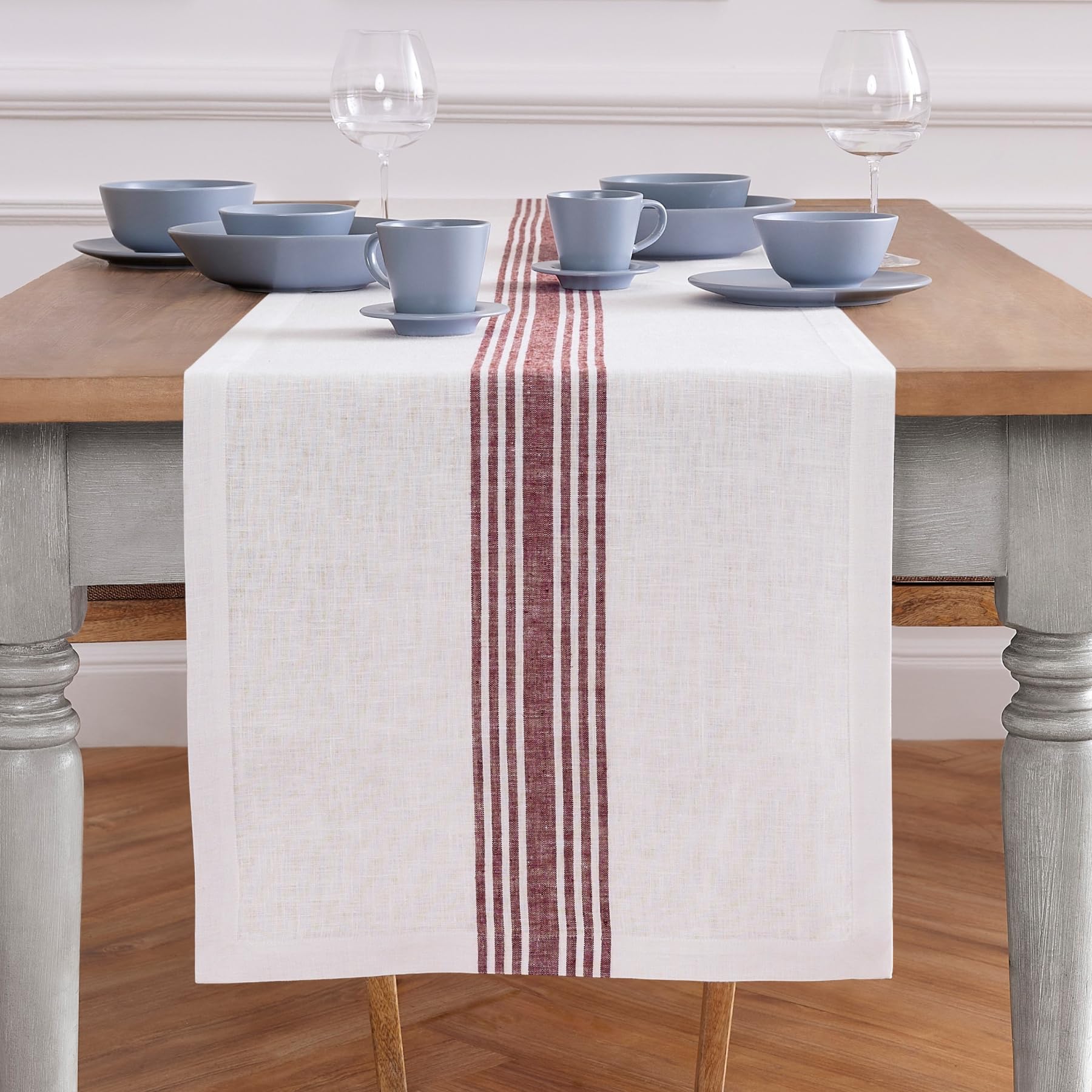 Solino Home Farmhouse Stripe Linen Table Runner 108 inches Long – 100% Pure Linen 18 x 108 Inch Extra Long Table Runner, Burgundy and White – Dining Table Runner for Valentine, Spring, Easter, Summer