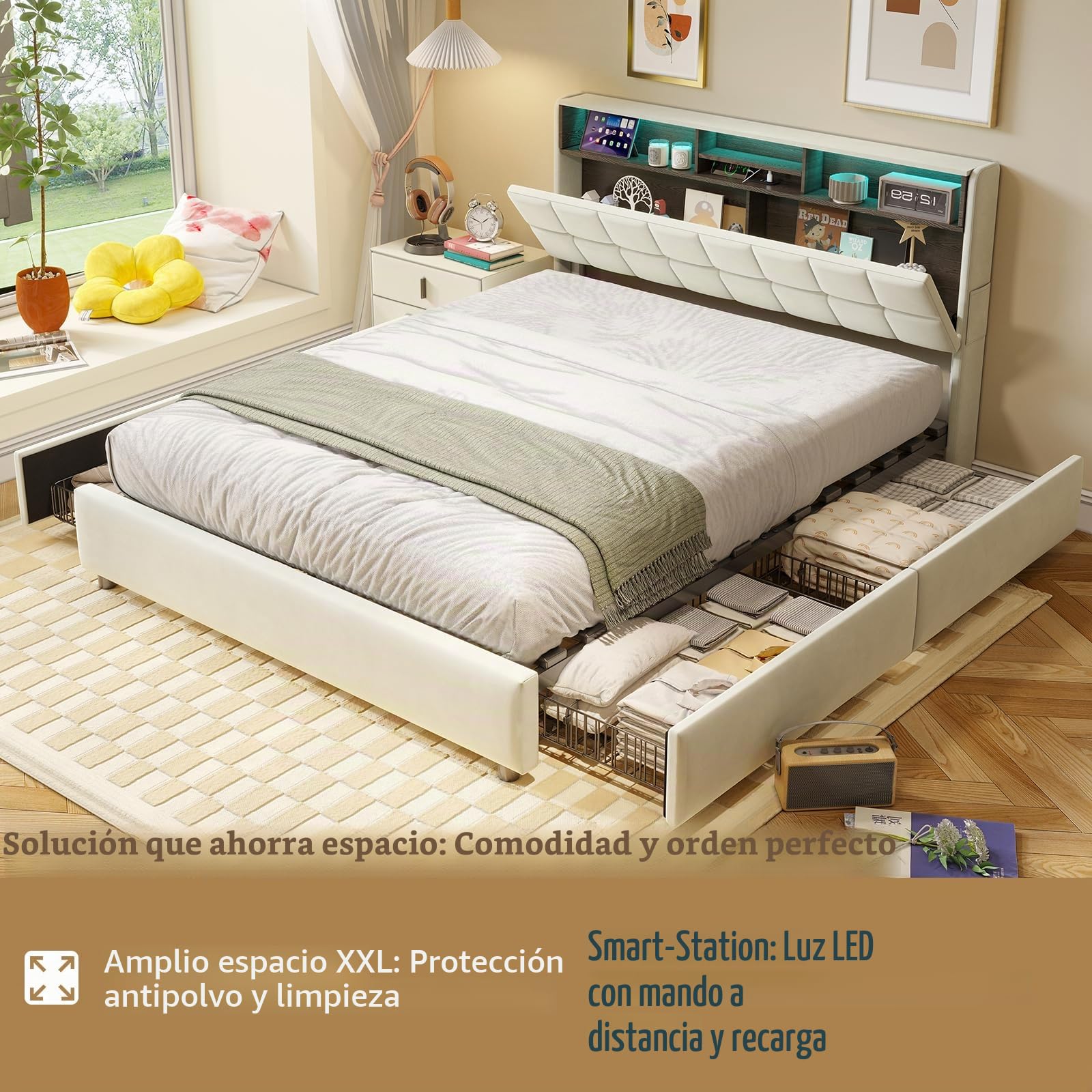 Cama de Matrimonio 160x200 cm con 4 Cajones, Cama Queen Size Tapizada con Luces LED, Puerto Type-C y Cabecero Moderno, Estructura de Cama con Somier, Beige (Sin Colchón)