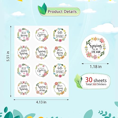 Miniatura 2 de Lucleag Calcomanías de Hello Spring para niños, calcomanías redondas de corona de flores de primavera, calcomanías de primavera feliz para dulces,