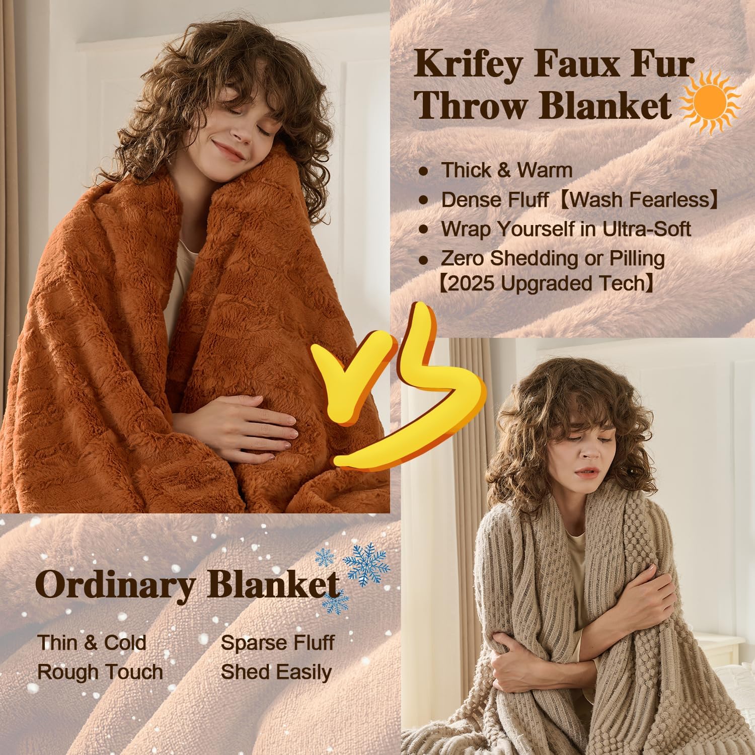 Krifey Faux Fur Throw Blanket, Super Soft Cozy Blanket, Luxury Fluffy Blanket Warm Bed Throw, Plush for Women, Camel 50" x 60" - Image 4