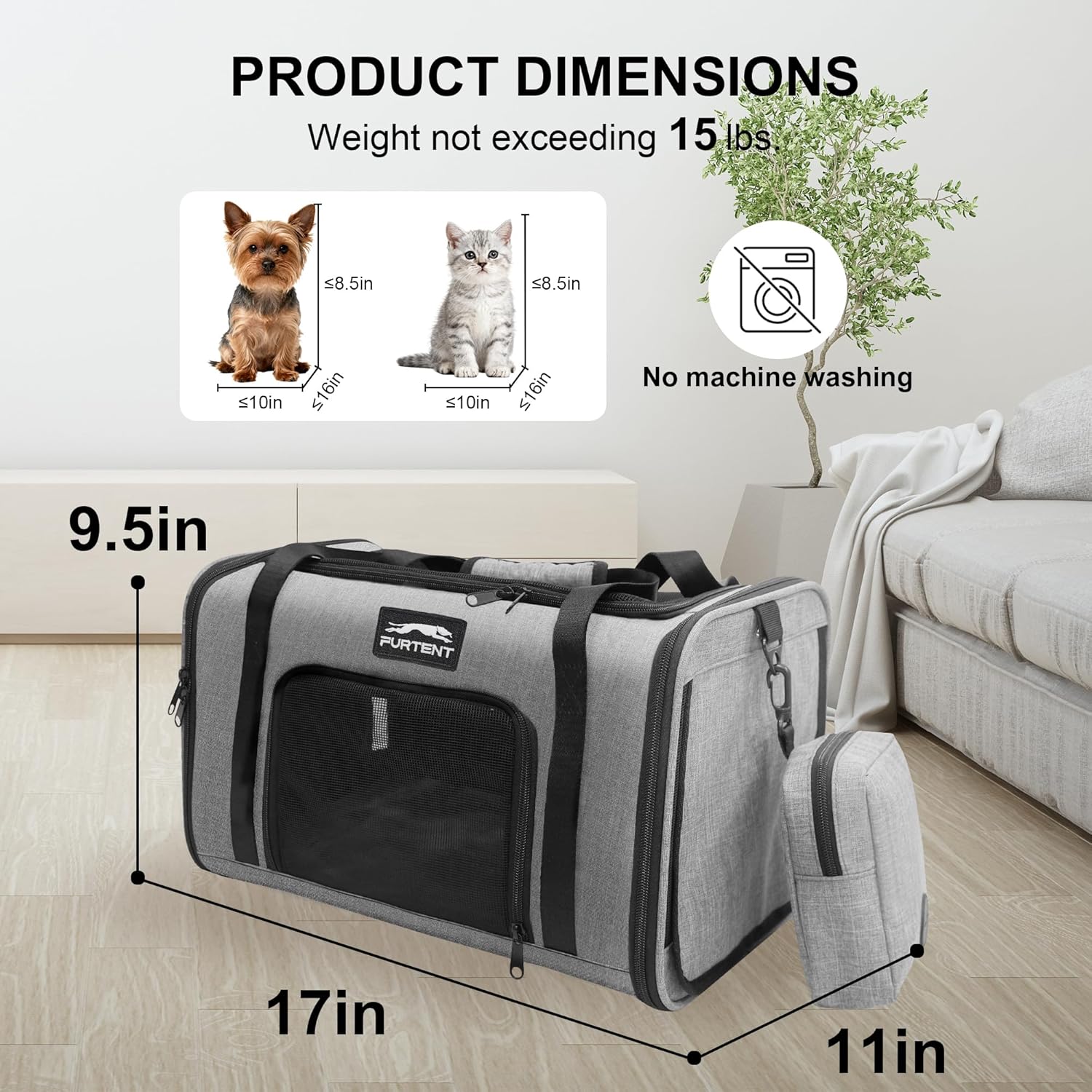Soft Sided Cat Carrier Airline Approved up to 15lbs, 17x11x9.5 Inch Ventilated Pet Travel Bag with Foldable Litter Box & Storage, Portable Cat Transport Carrier for Flights Car Vet Gray