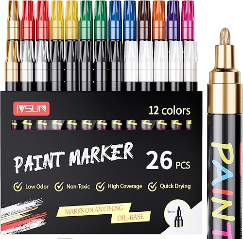 IVSUN Marcadores de pintura, 14 marcadores permanentes a base de aceite, punta media, 5 colores, juego de marcadores para metal, madera, tela,