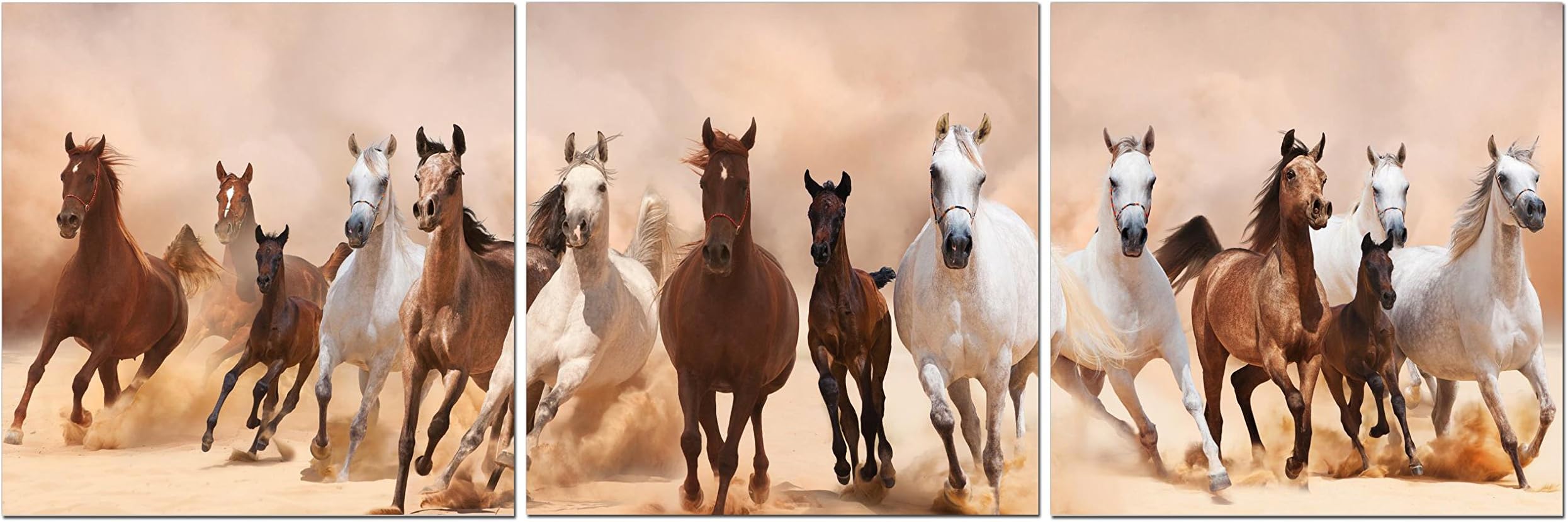 Canvas Wall Art Decor - 24x24 3 Piece Set (Total 24x72 inch)- Panoramic Galloping Horses - Large Decorative & Modern Multi Panel Split Canvas Prints for Dining & Living Room, Kitchen, Bedroom & Office