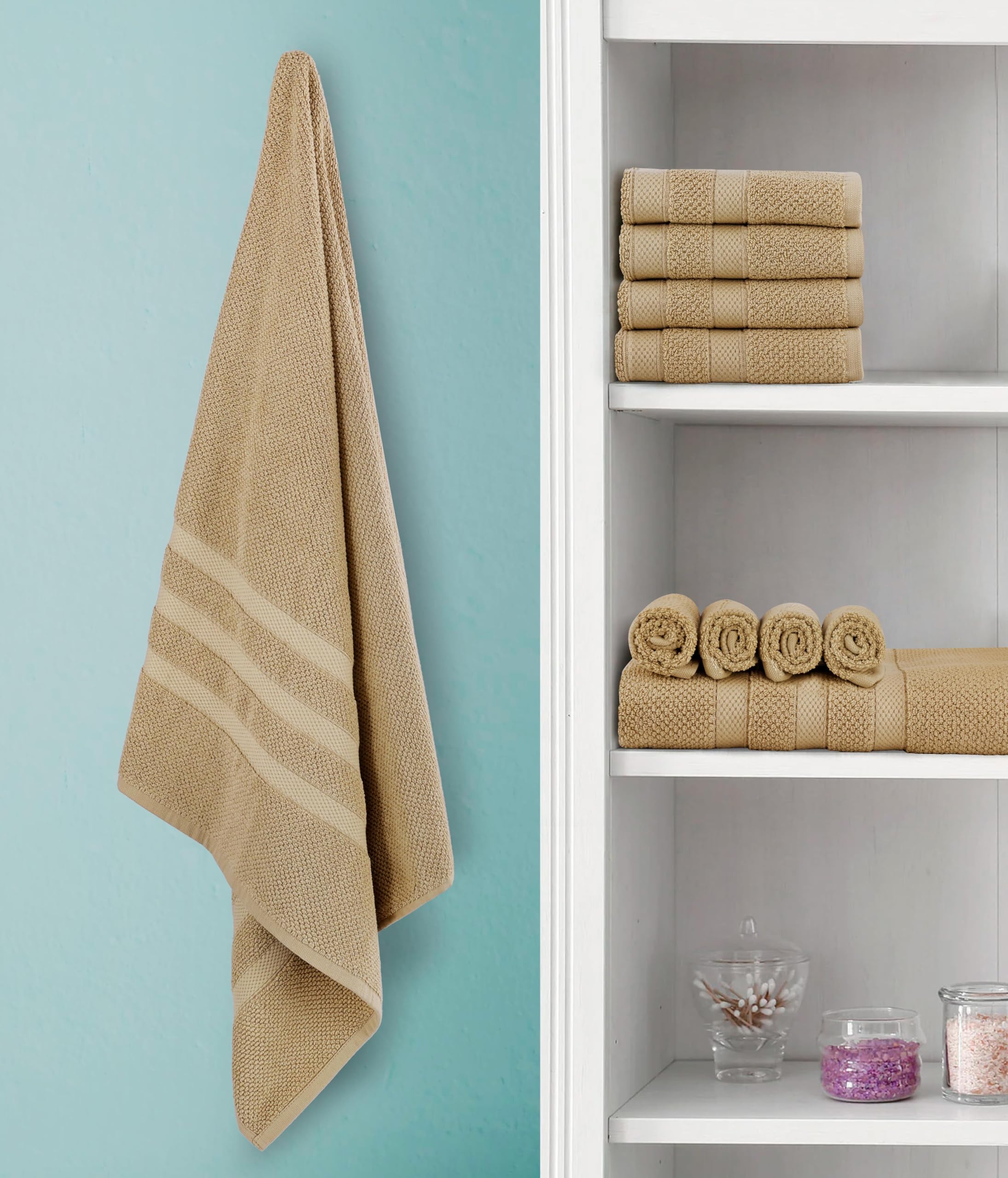 COTTON CRAFT - Rice Weave - Juego de toallas de 10 piezas en lino, lujoso, 100 % algodón, pesado y absorbente, juego con 2 toallas de baño grandes de gran tamaño, 4 toallas de mano y 4 paños
