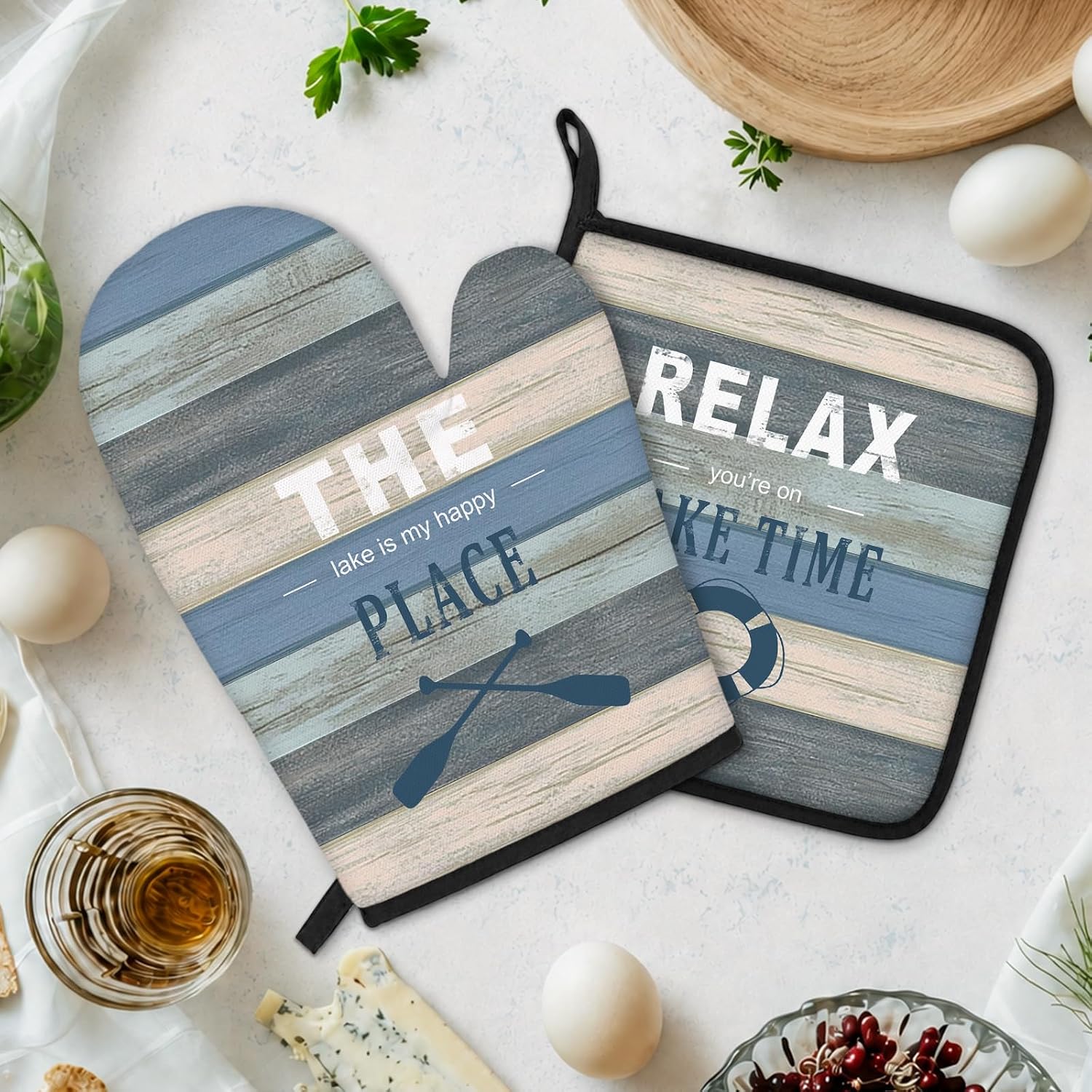 Lake House Life Gifts Kitchen Oven Mitts and Pot Holders Sets