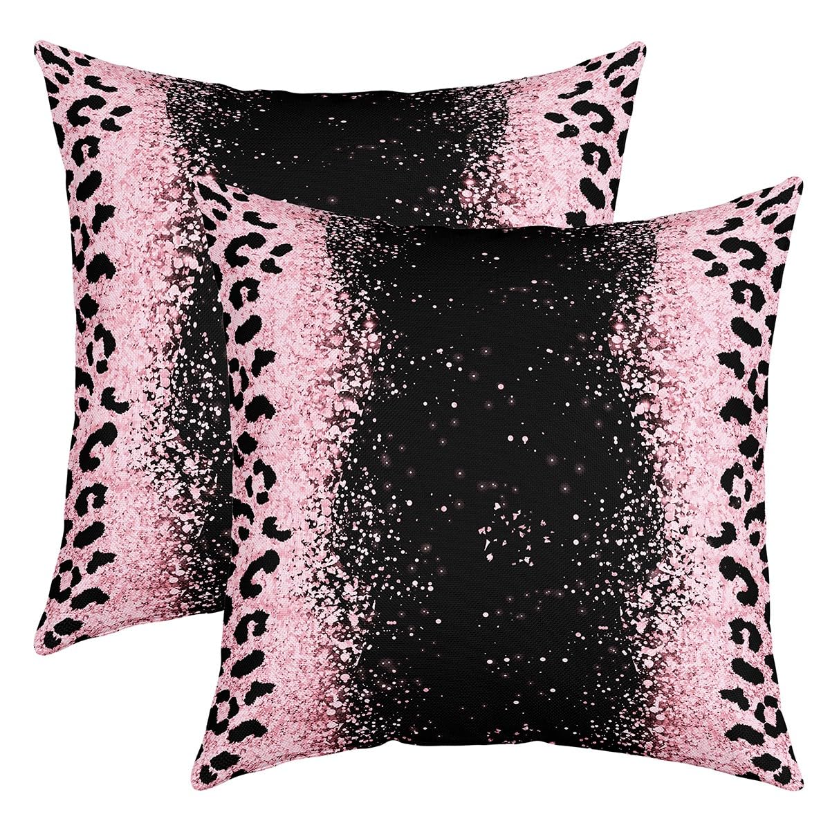 Pink Black Leopard Glitter Throw Pillow Covers 20x20 Inch Set of 2 Ombre Pink Cushion Cover for Sofa Bed Chair Car Glam Glitter Art Pillowcase Bling Shiny (Not Glitter) Outdoor Pillows Covers