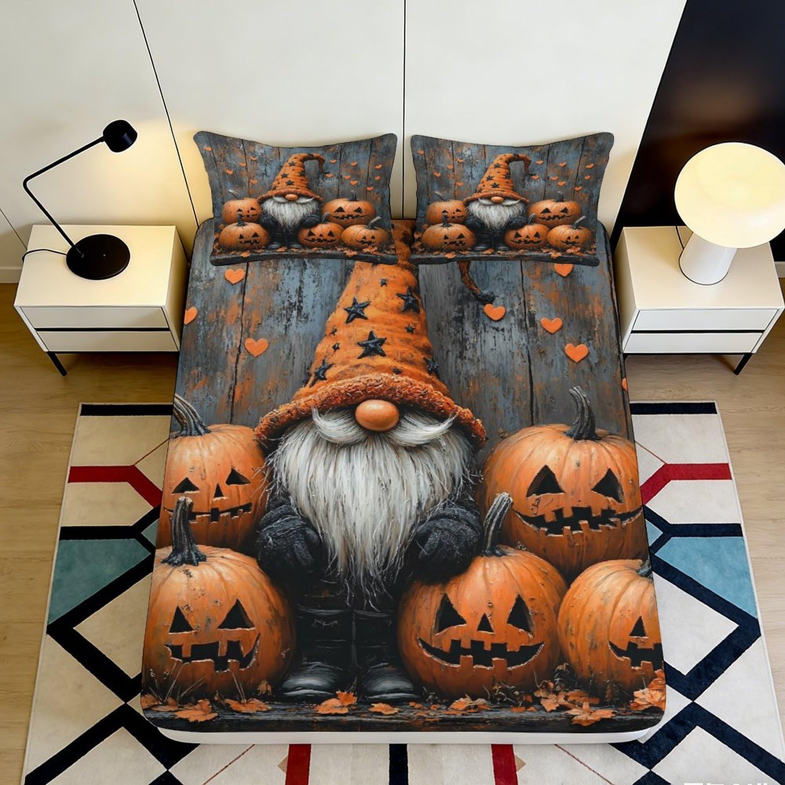 3D Printed Halloween Pumpkin Gnome Fitted Sheet Microfiber Orange Black Bed Cover Bedroom Guest Room Decor 90x200x25cm