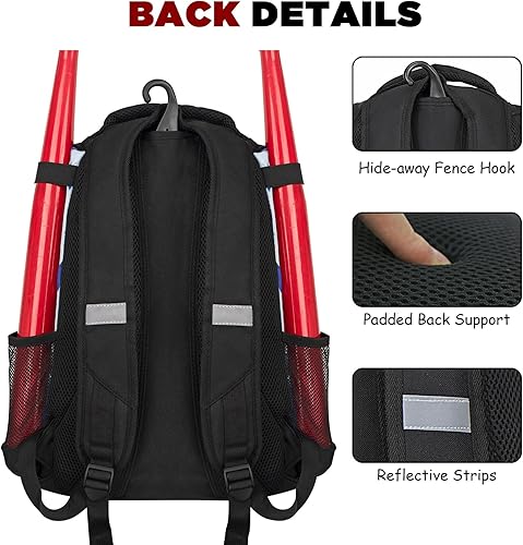 Miniatura 5 de Goloni  Mochila de béisbol, bolsa de béisbol para adultos, bolsa de bate de sóftbol con compartimento para zapatos, compartimento principal grande