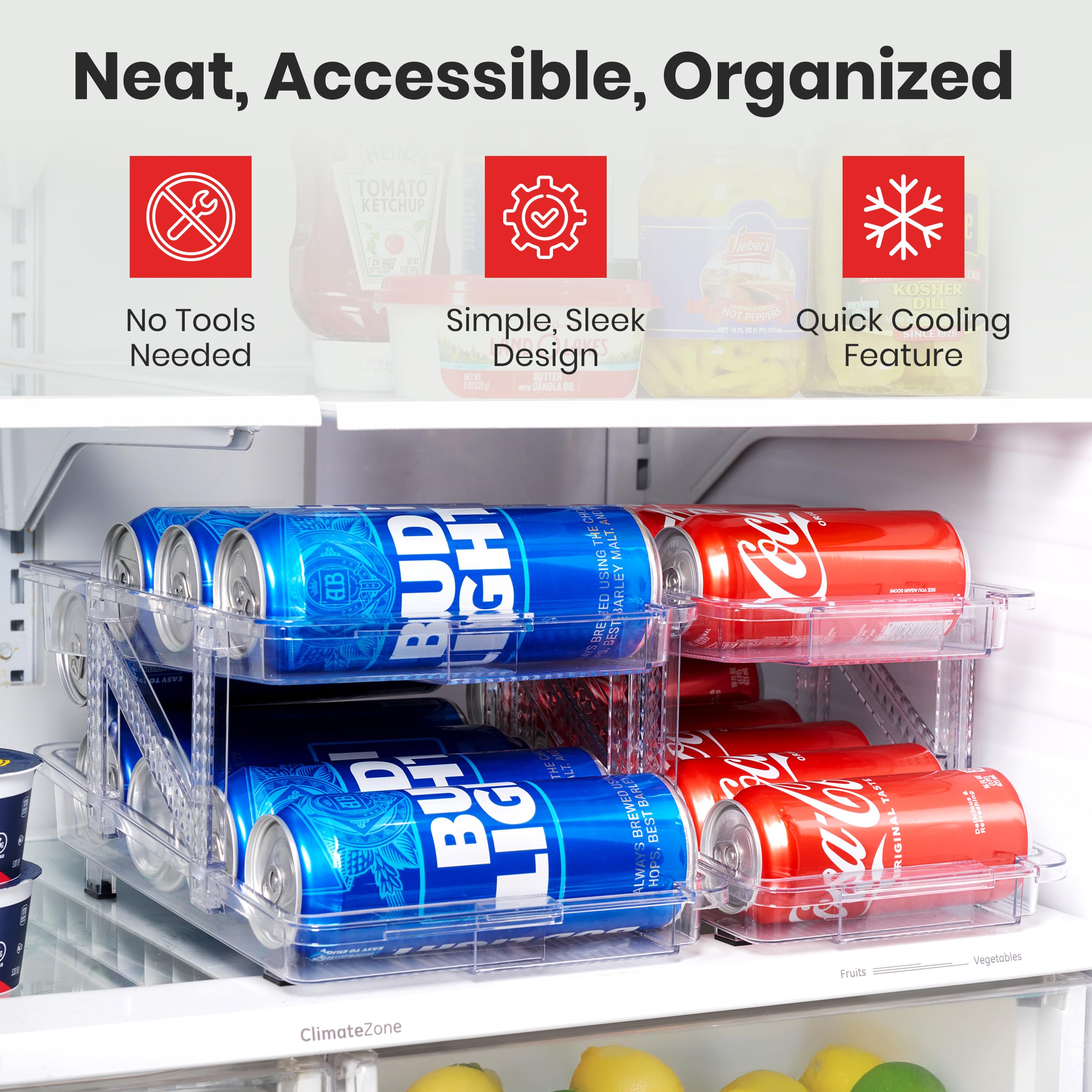 Dispensador de latas de refresco expandible, paquete de 2, diseño transparente para refrigerador, cocina y despensa, organizador de almacenamiento para latas, botellas de bebidas, alimentos enlatados
