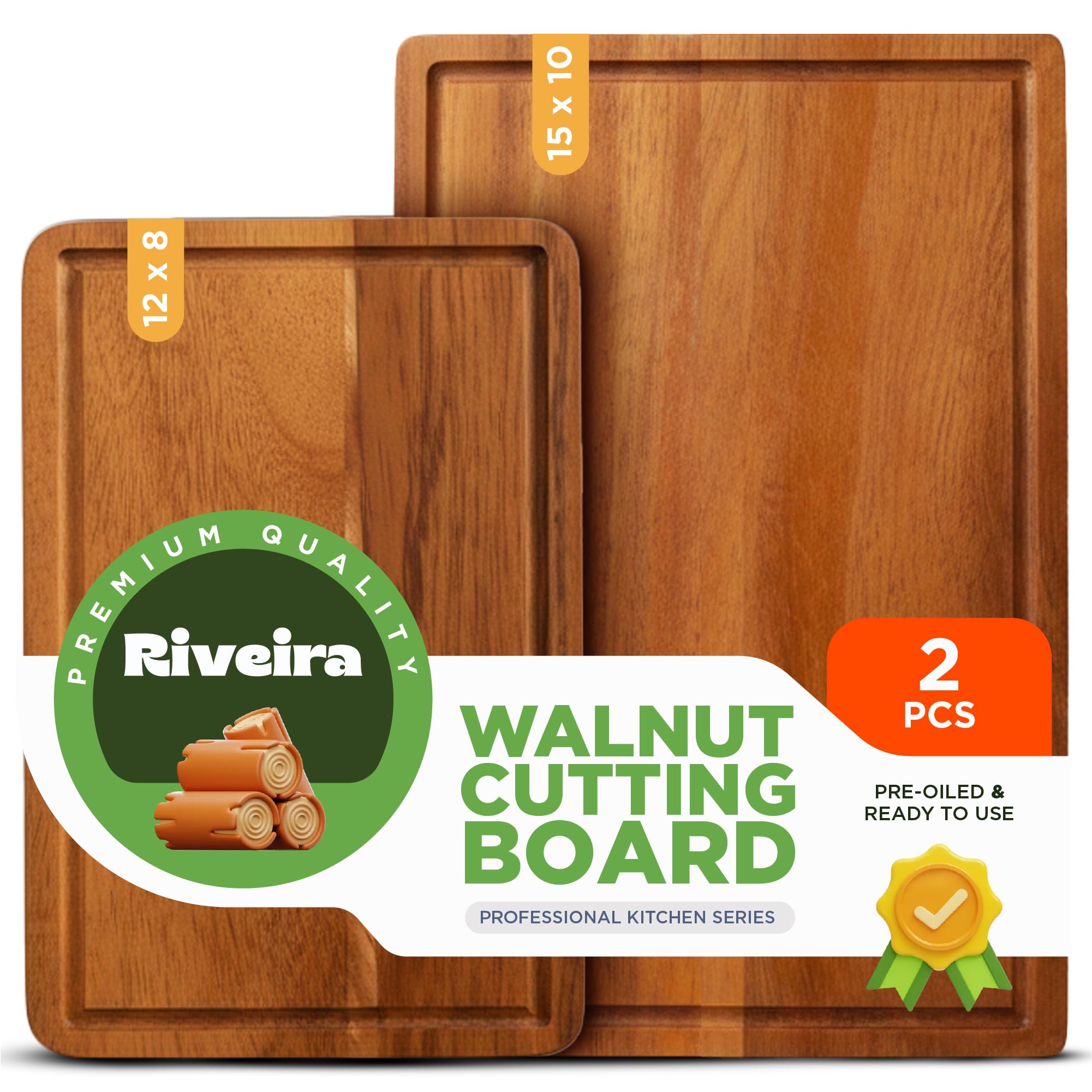 Riveira Walnut Wood Cutting Board – Versatile And Durable: Set Of 2 Pcs Rectangular Wooden Cutting Board – Natural Wooden Cutting Boards For Kitchen – Complete Walnut Wooden Chopping Board
