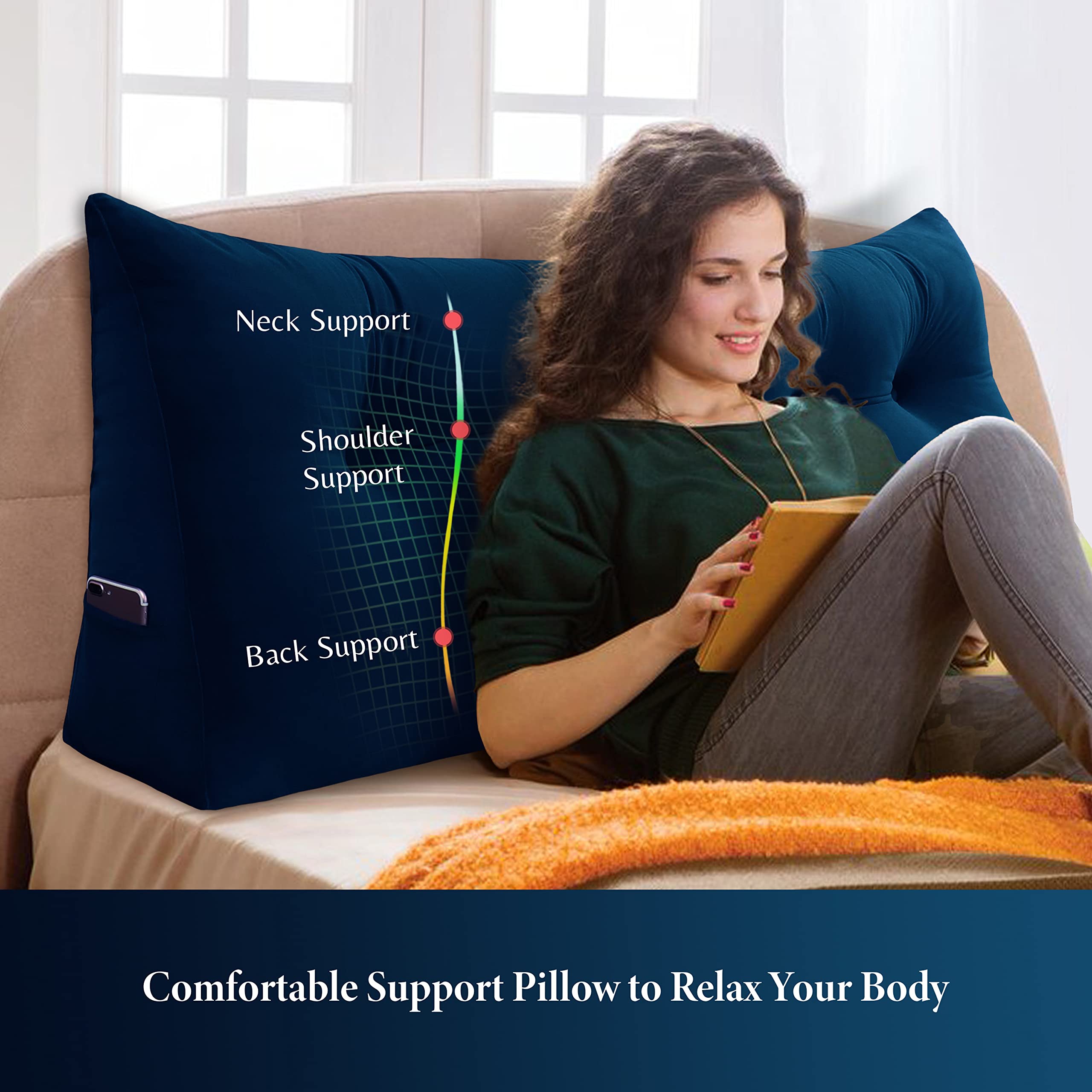 VERCART Large Headboard Pillow Wedge Bed Rest Reading Pillow Daybed Pillows Triangular Headboard Wedge Pillows Bolster Gap Filler Triangle Back Cushion Long Wedge Pillow, Velvet Deep Blue Twin