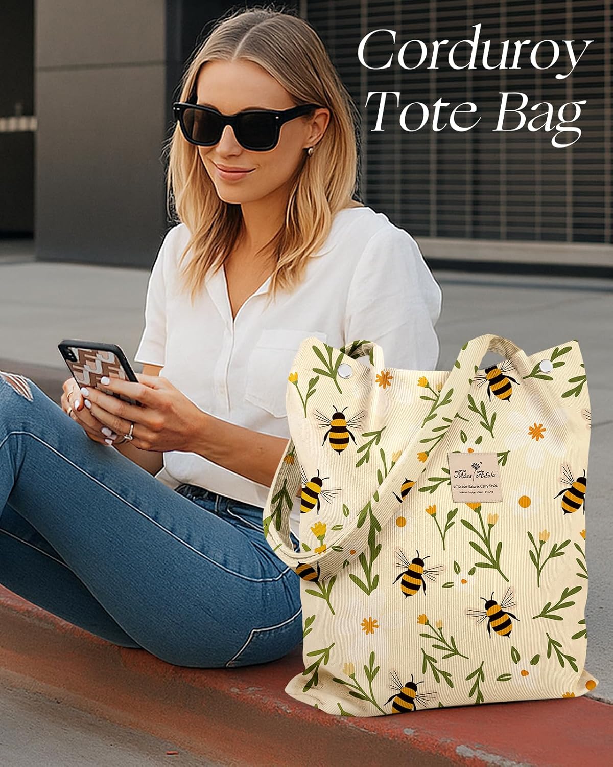 Corduroy Tote Bag for Women - Reusable Totes with Pocket & Buckle Cute Aesthetic Shoulder Bag for Work Travel - Image 6