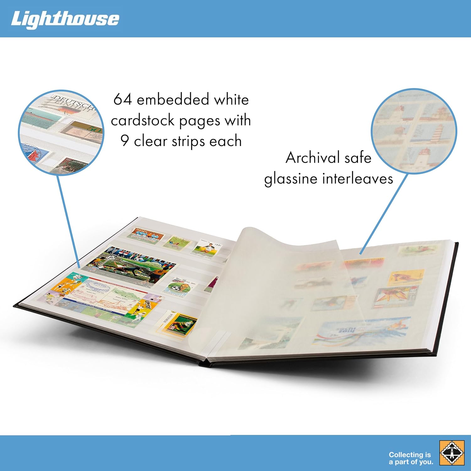 LIGHTHOUSE – “BASIC” Hard Cover Stockbook for Stamps - 64 White Cardstock 9”x12” (A4) Pages with Glassine Strips and Double Linen Hinges - Black