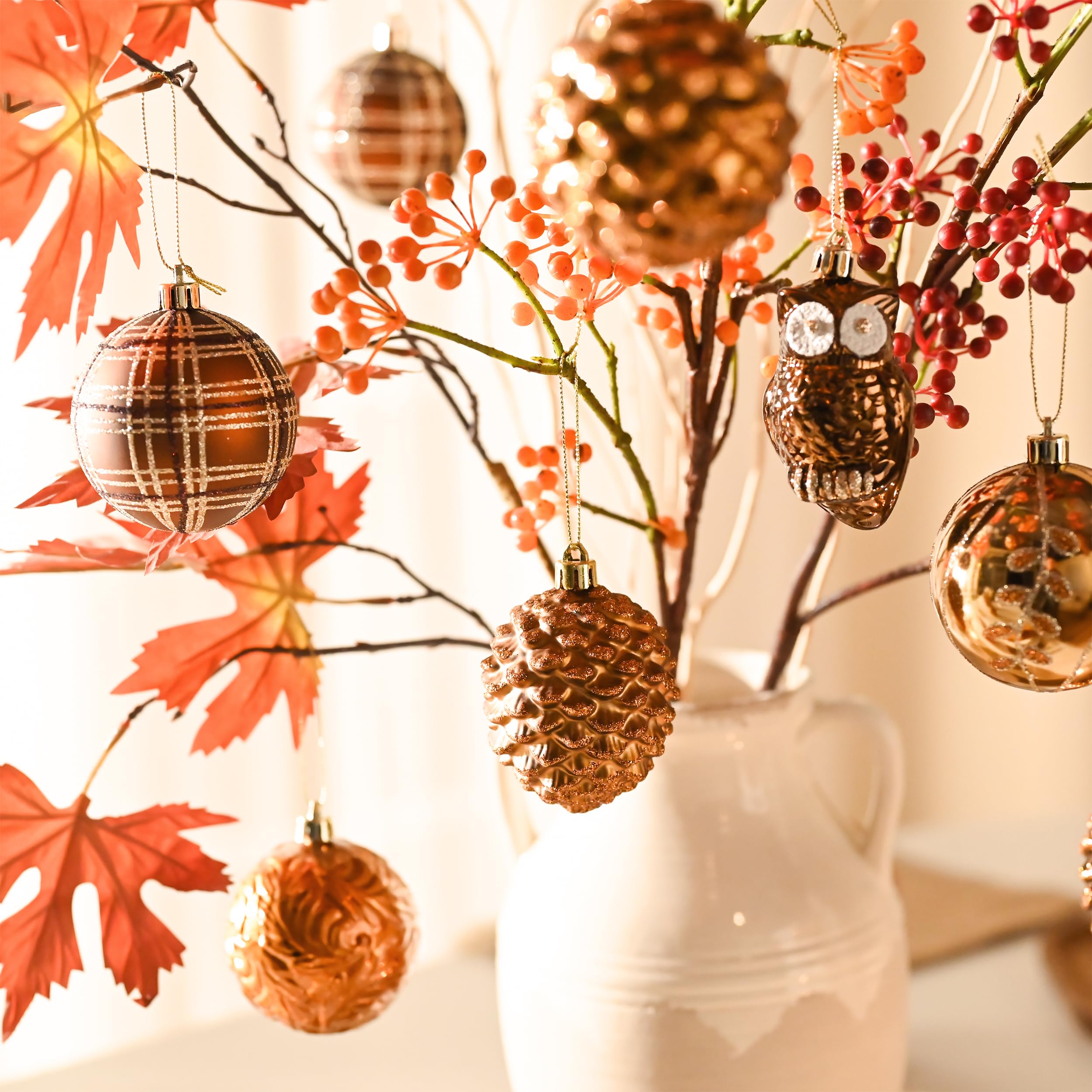 Valery Madelyn Fall Ornaments for Christmas Trees, 70ct Bronze Copper and Gold Shatterproof Christmas Tree Decorations, Woodland Brown Hanging Ball Ornaments Bulk for Thanksgiving Autumn Harvest Decor