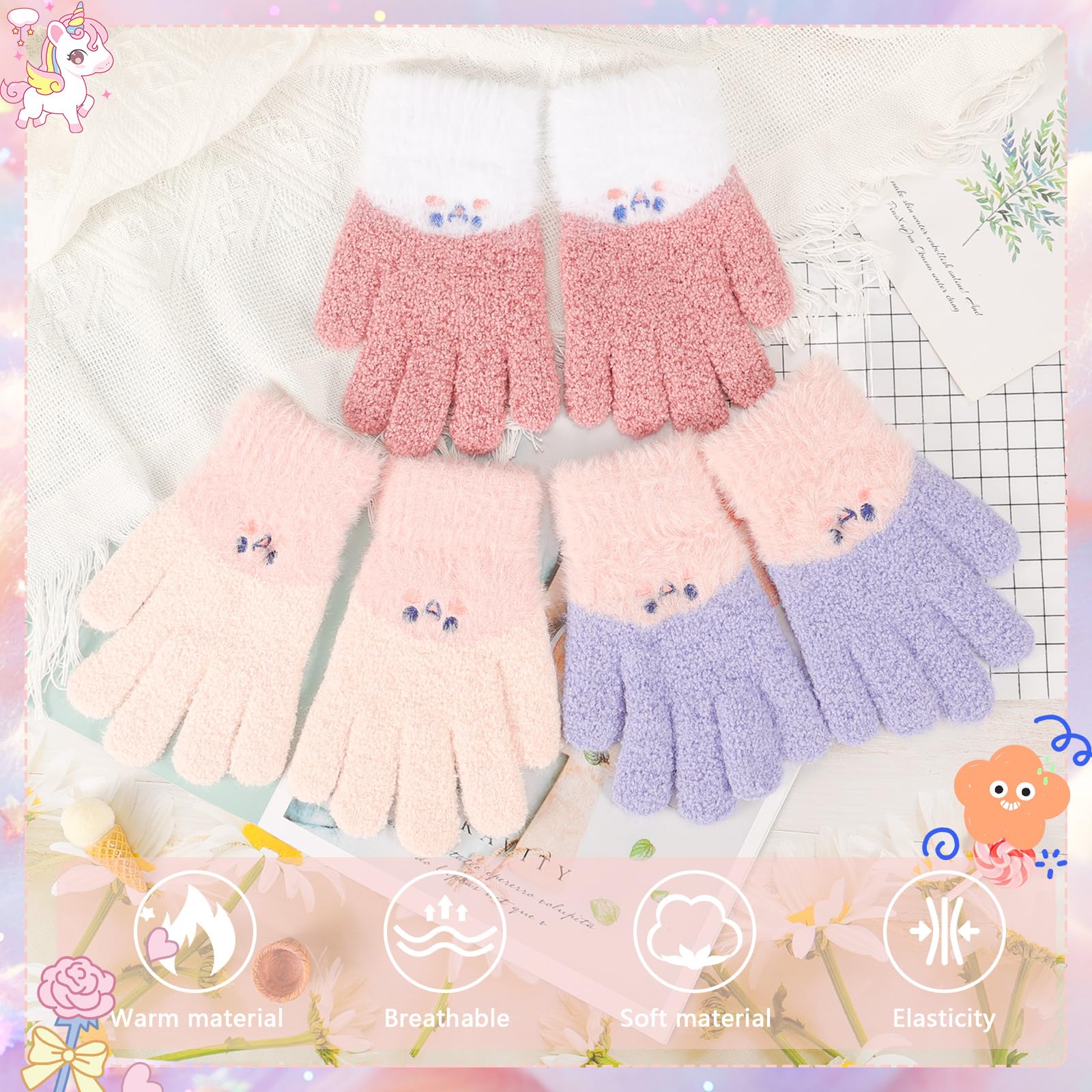 QKURT Lot de 3 paires gants magiques enfants tricotés chauds élastiques mitaines hiver 6-14 ans