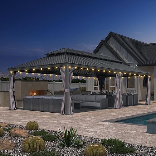 Miniatura 46 de PURPLE LEAF Gazebo grande para exteriores de 12 x 24 pies con acero galvanizado y luz para césped y jardín, glorieta permanente de techo duro, color