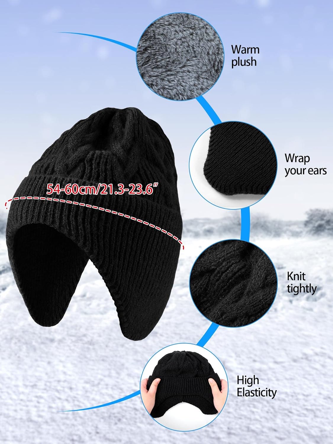 2 Pcs Hats with Ear Flaps Winter Knit Earflap Beanie Hat Warm Stocking Caps with Short Plush Lined Brimmed Ski for Women Men - Image 2