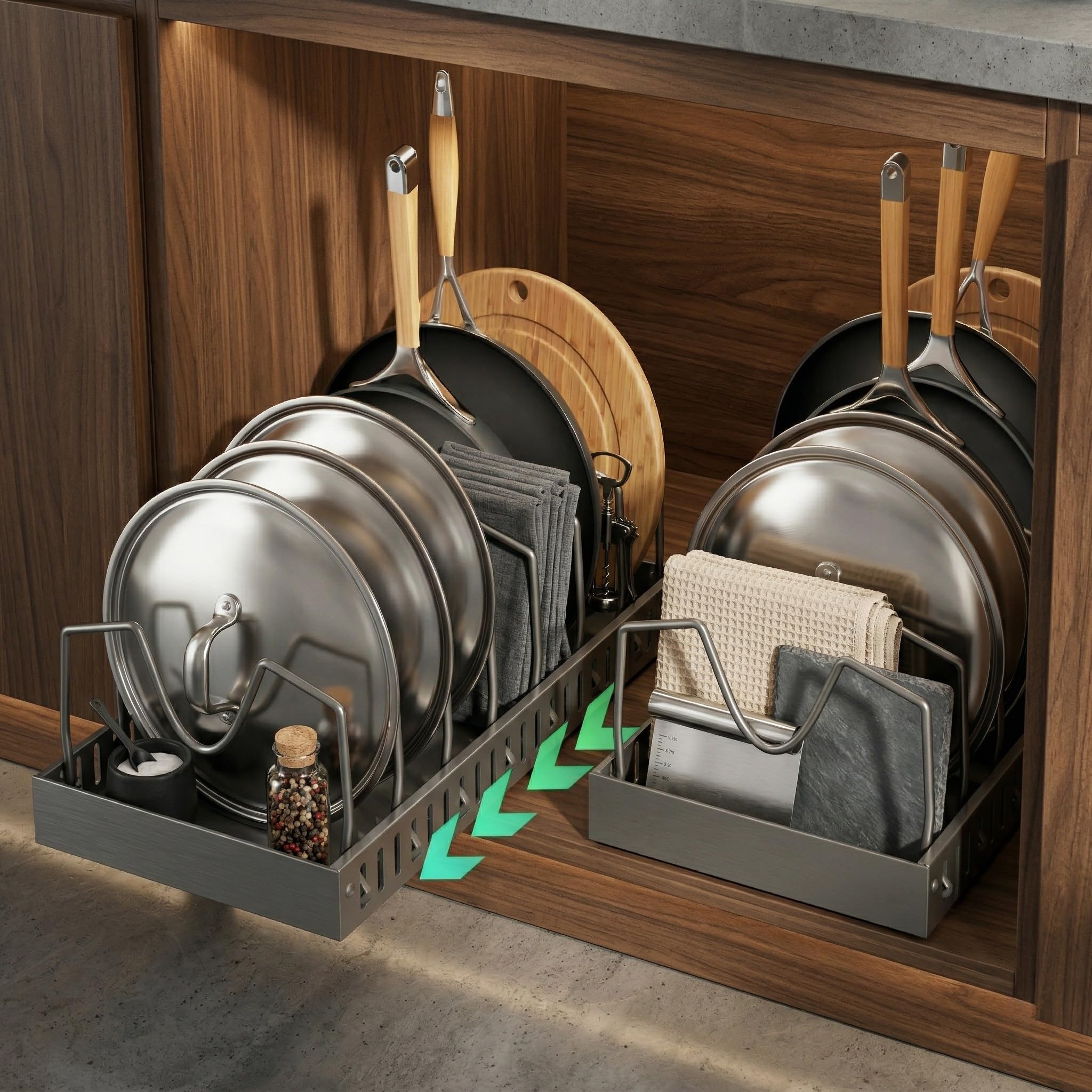 2 Piezas Organizador Cocina Ollas y Sartenes, Deslizante Organizador Tapas Ollas con 8 Compartimentos Ajustable，Organizador Sartenes y Ollas Cajon，Soporte Sartenes，Negro