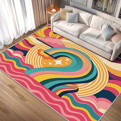 Retro 70s Rug, Washable 4x6 Rug for Living Room, Psychedelic Vortex Patterned Indoor Carpet, Retro Hippie Decor for Home, Bedroom, Soft Non Slip