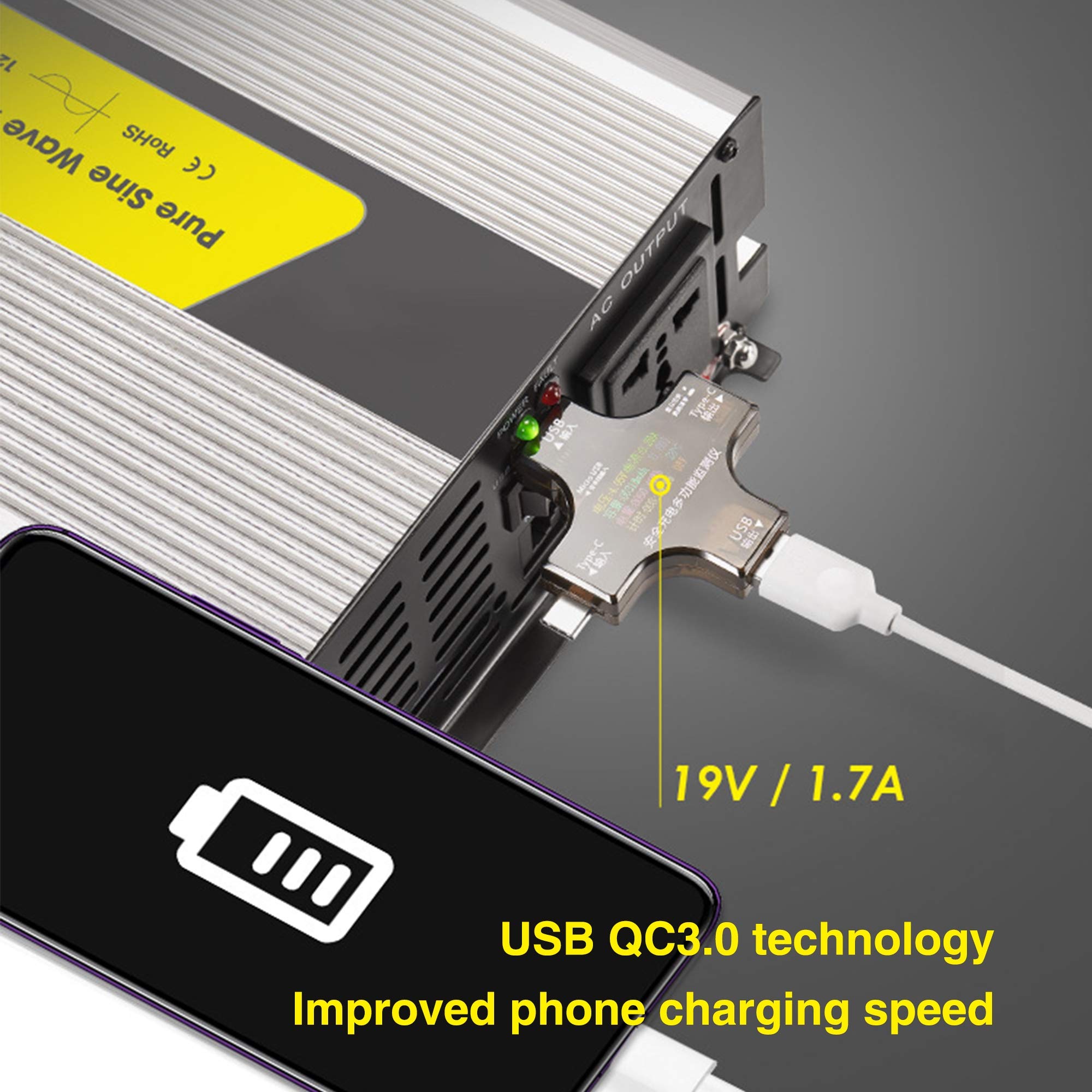 Inversor para Automóvil De 600 W, Inversor De Onda Sinusoidal Pura De CC 12V / 24V A CA 220V, con Puerto De Carga USB Y Toma De CA, Adaptador De Convertidor De Batería