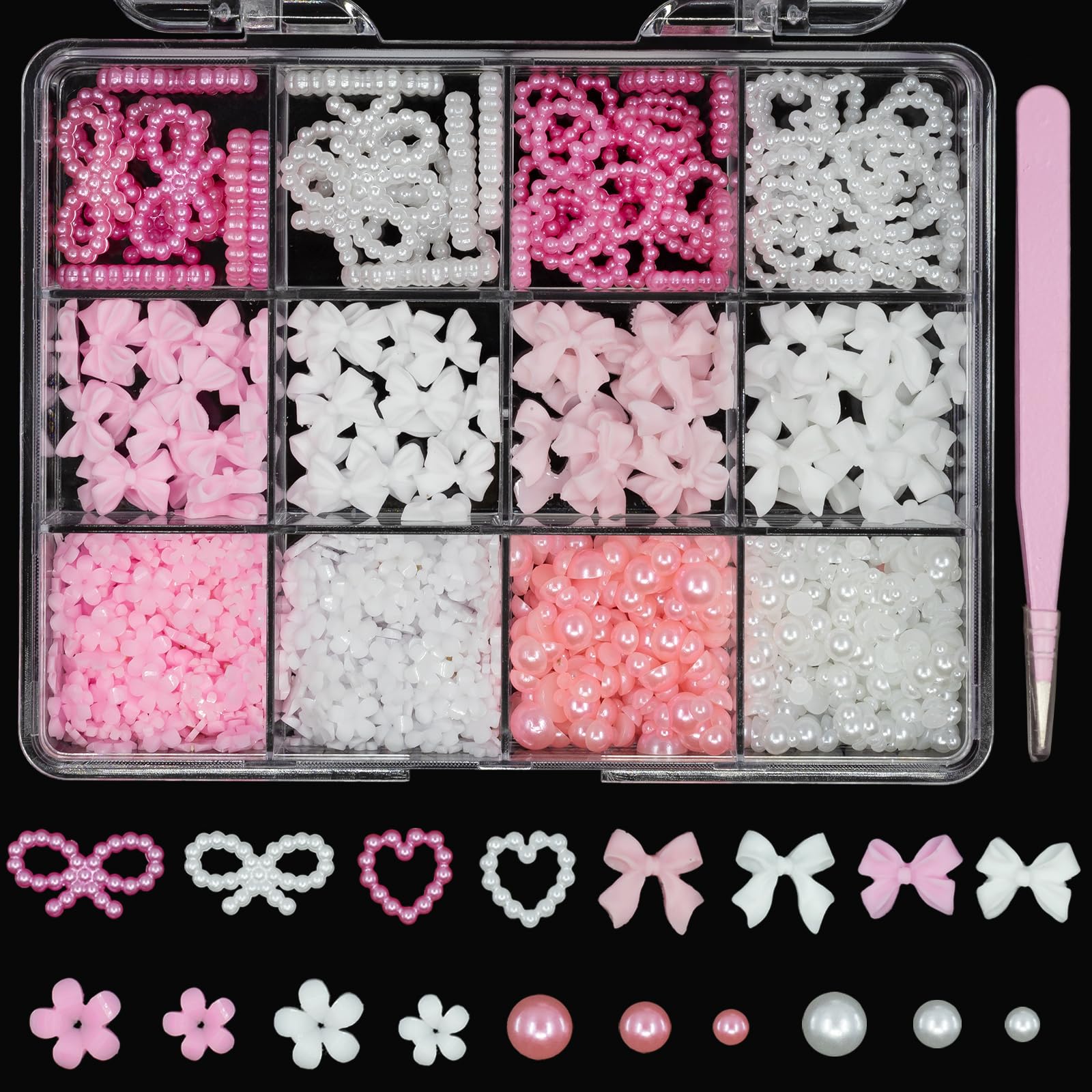 3D Nail Charms Accessories Pink Color Bows Nail Charms, Acrylic Spring Blossom Tiny Flowers Heart Pearls Nails Charms Mix Sizes Flatback Pearls Charm