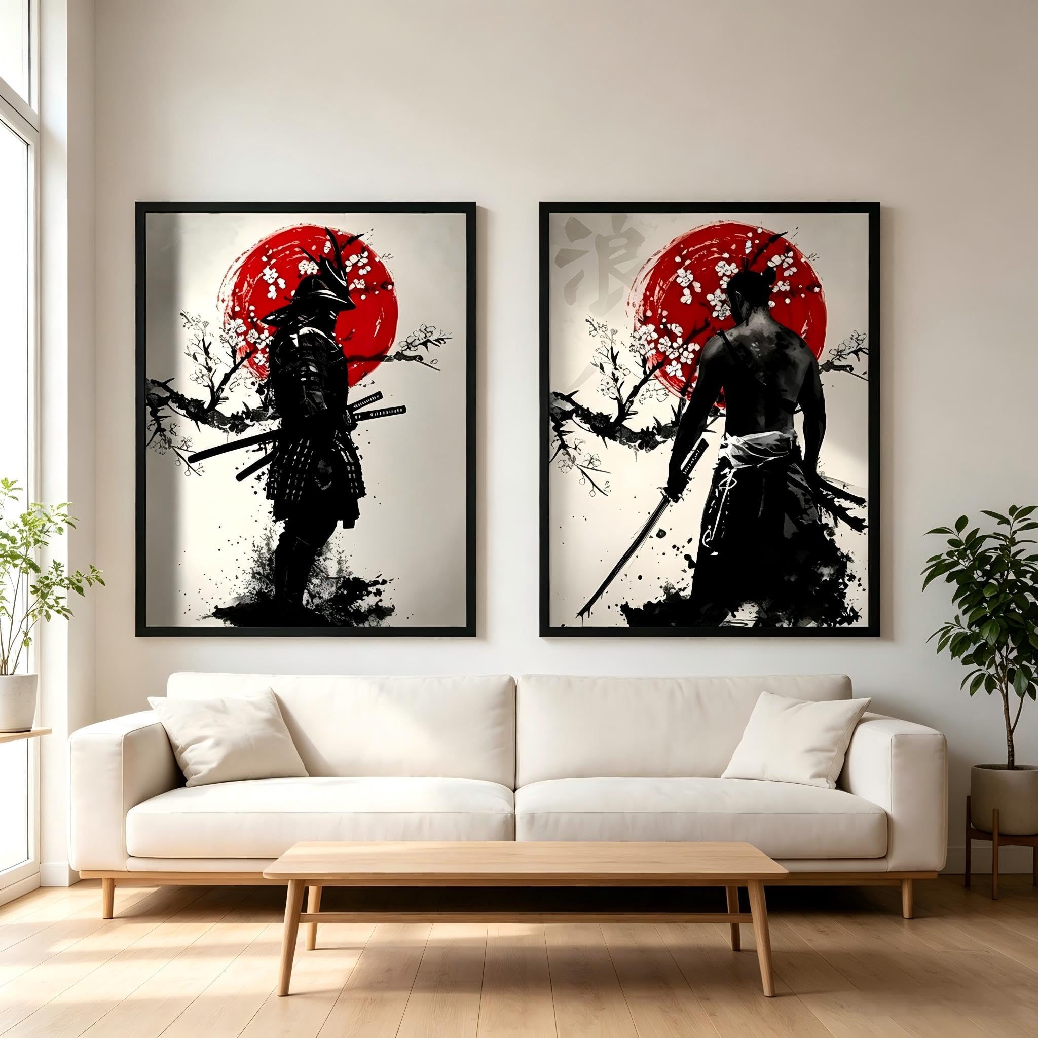 KAIDAARTLH Lot de 3 posters muraux sur le thème des samouraïs 60x90cm, toiles modernes d'inspiration japonaise, décoration pour salon, chambre et bureau, sans cadre(B,2x60x90cm)
