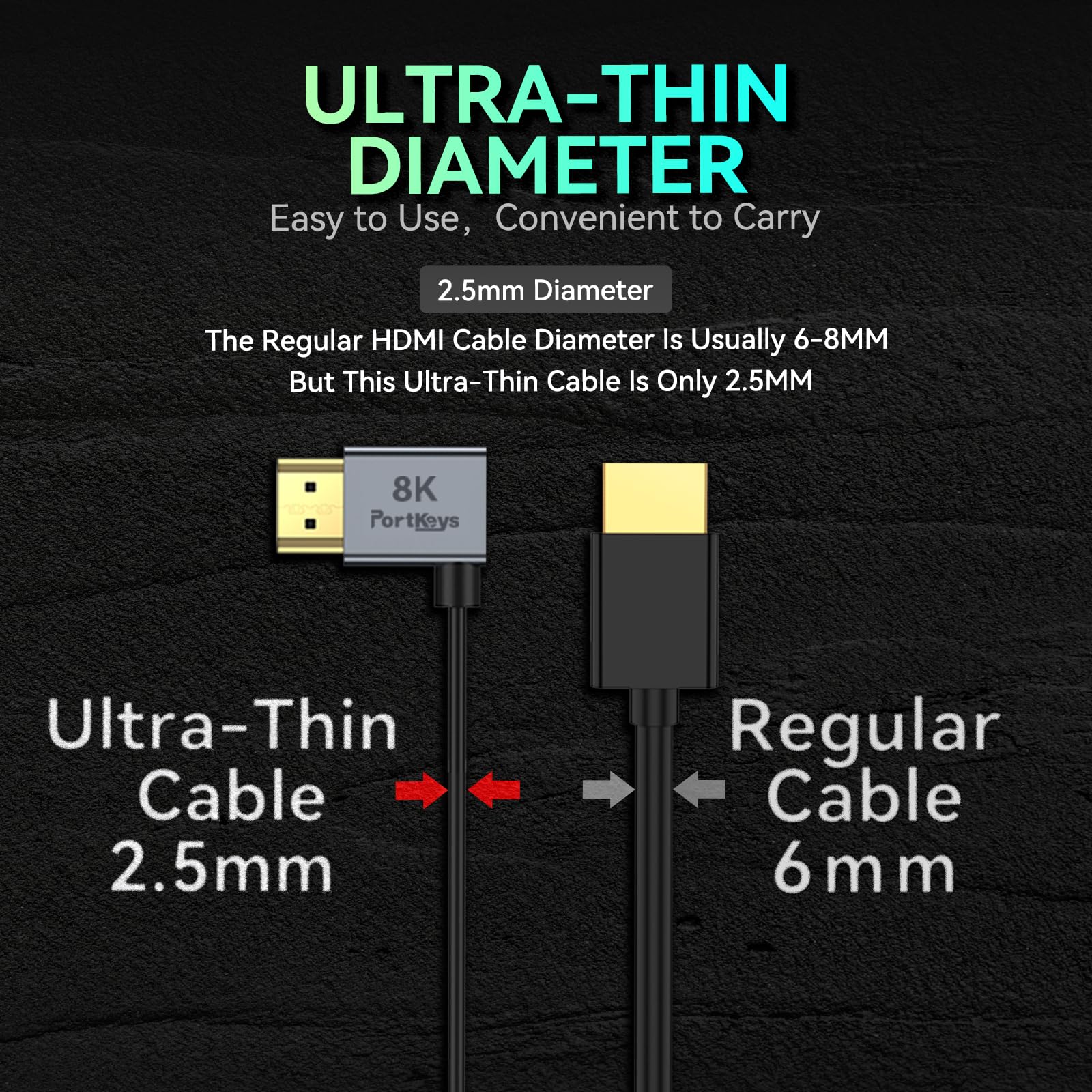 Portkeys 8K Câbles HDMI Lot de 2, Ultra-fin 2,5 mm, HDMI A vers D (Micro HDMI), 8K@60Hz, 48Gbps, HDR, eARC, pour moniteur caméra, Sony Alpha, gimbal, PC, (1m et 30cm Lot de 2 A-D)