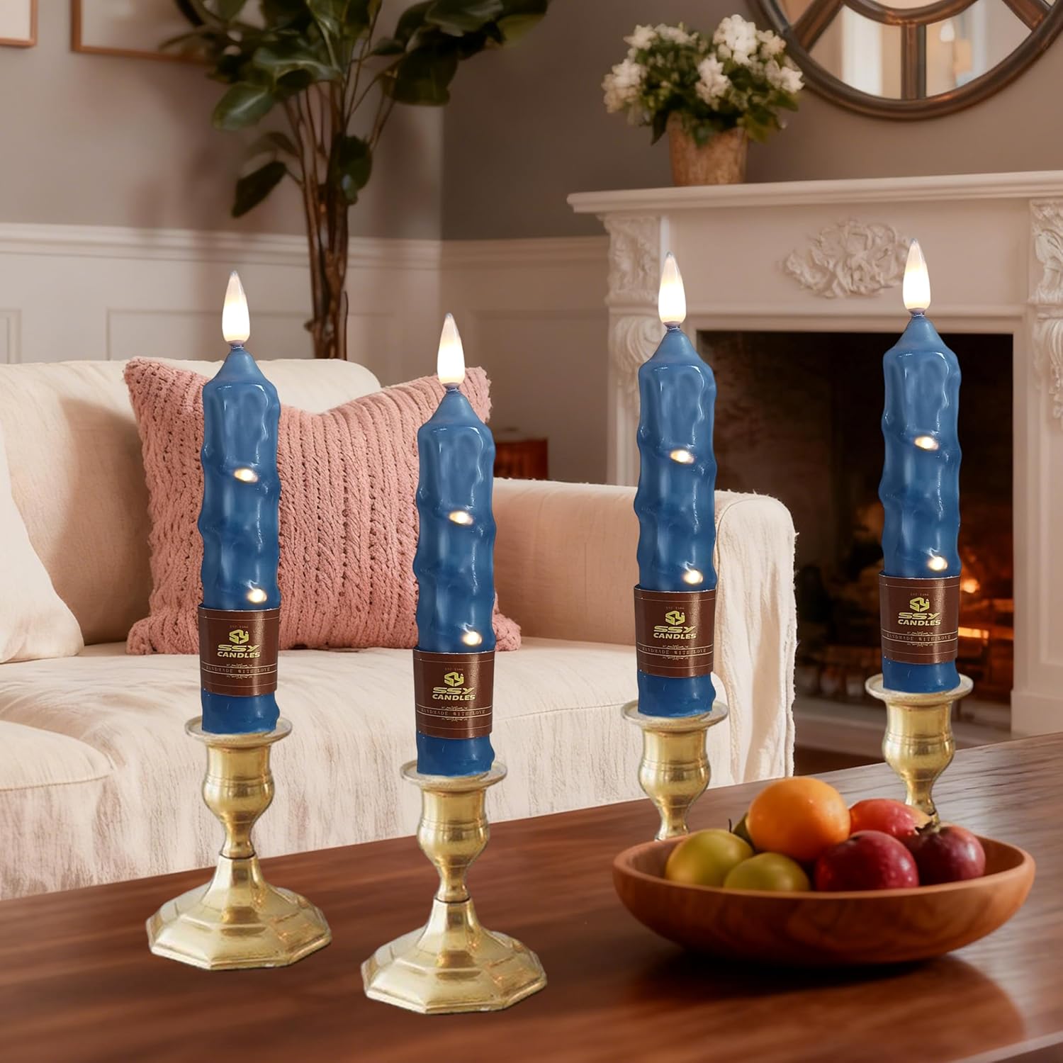 6.5 inch Haze Blue Flameless Candle with String Light Window Candles with Remote Timer Battery Operated Taper Candle LED Taper Candles Set of 4