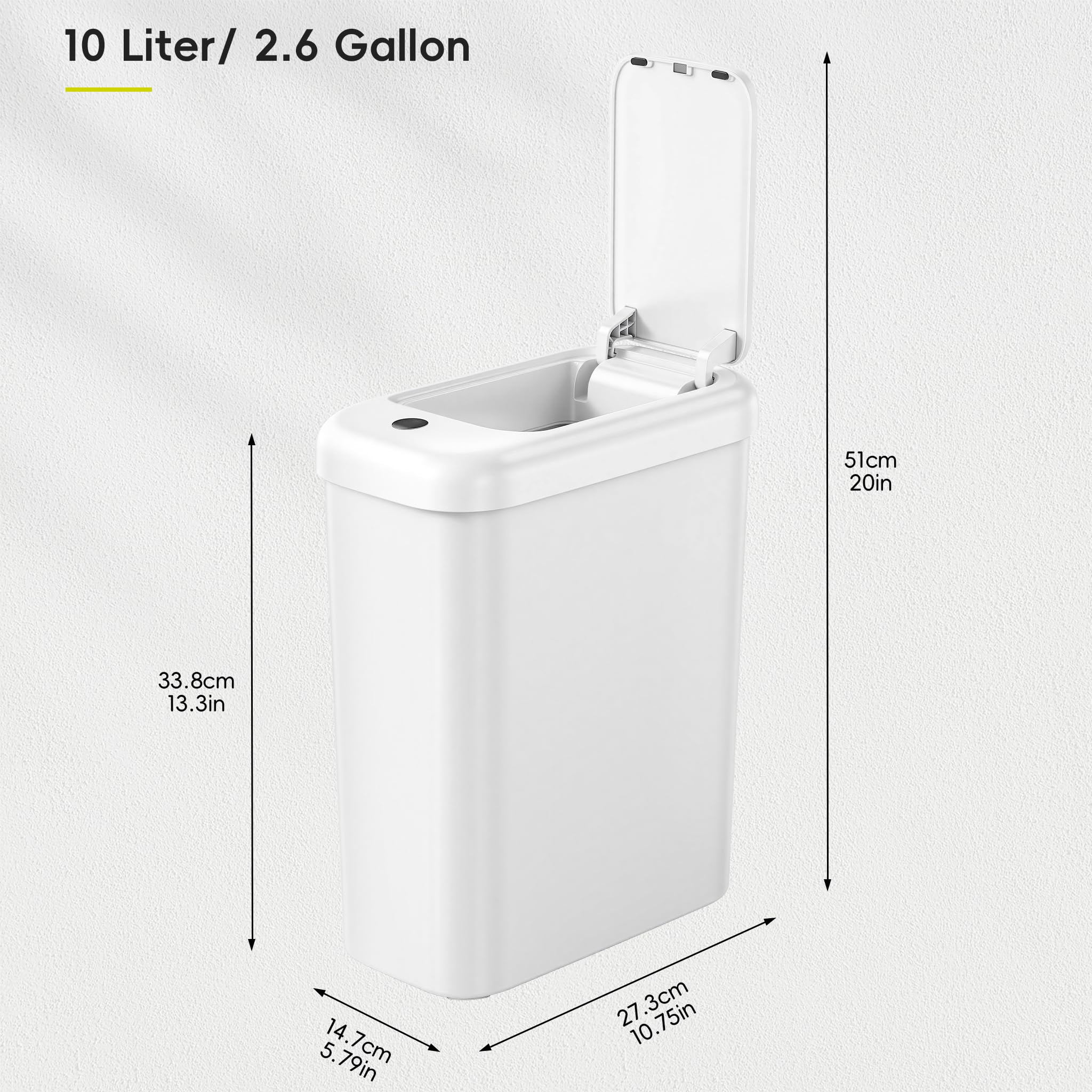 EKO Bote de basura automático para baño con tapa, cubo de basura delgado sin contacto de 2.6 galones, contenedor de basura impermeable con sensor de movimiento para baño, oficina, cocina, color blanco